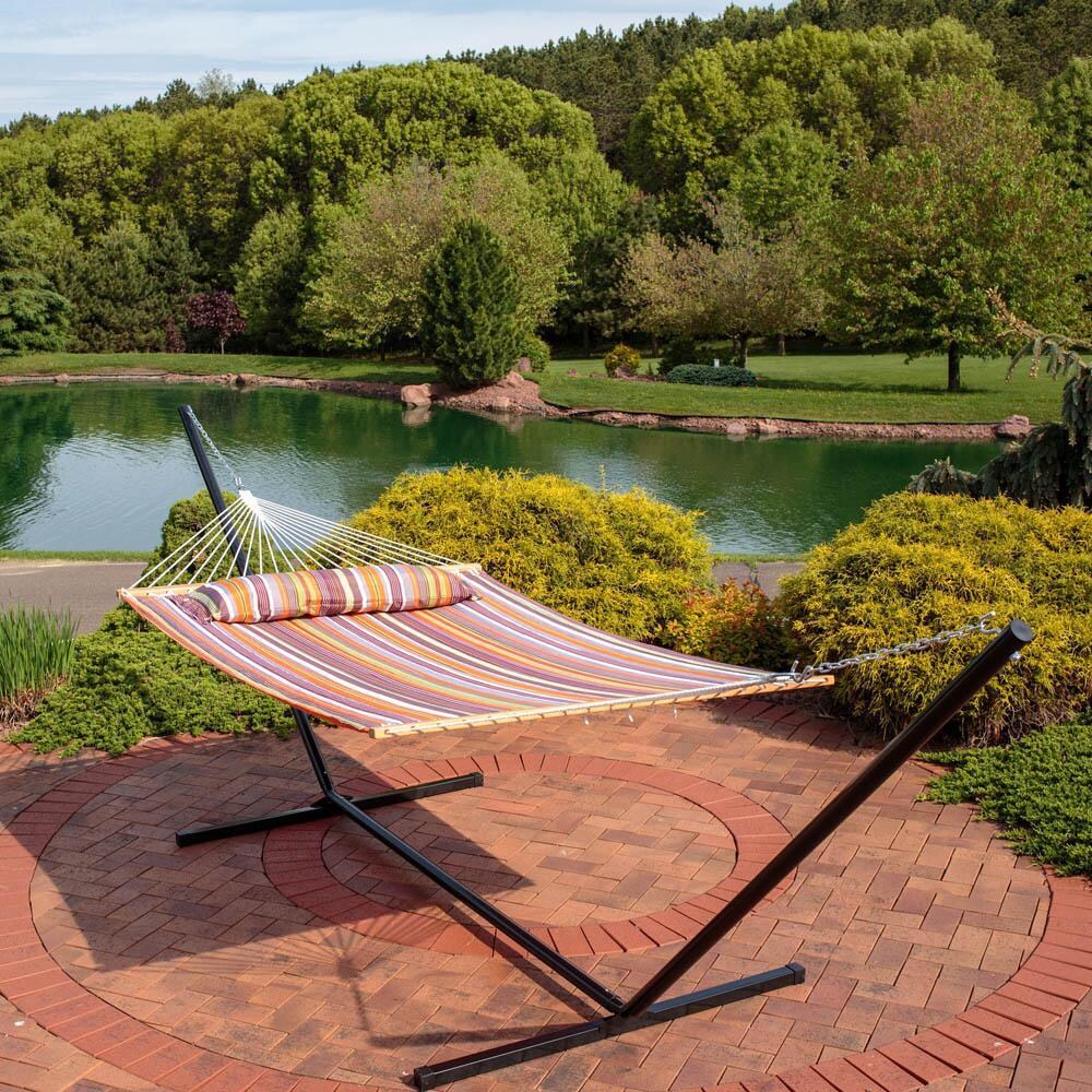 Ultimate Patio Quilted Double Hammock w/ 15-Foot Steel Beam Stand & Pillow - Canyon Sunset - Lifestyle thumbnail