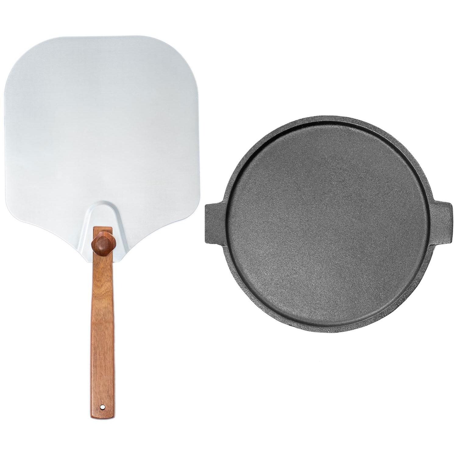 DUPLICATE - BBQGuys Signature 14-Inch Cast Iron Pizza Pan And 12-Inch Aluminum Folding Pizza Peel Bundle