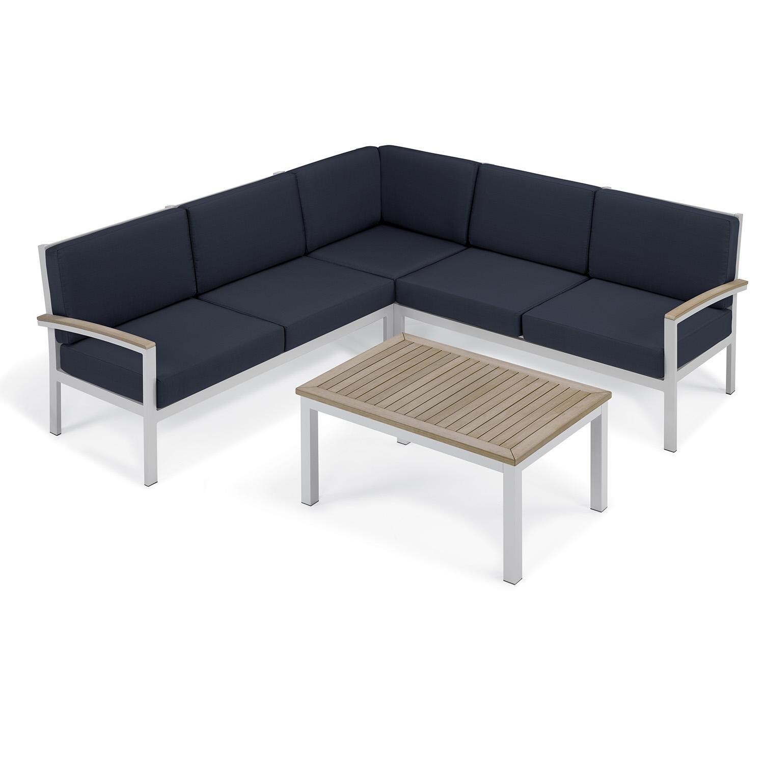 Oxford Garden 5264-PC.F Travira 4 Pc Aluminum Seating Set w/ Coffee Table in Vintage Tekwood/ Midnight Blue by Oxford Garden - Set - White Background thumbnail