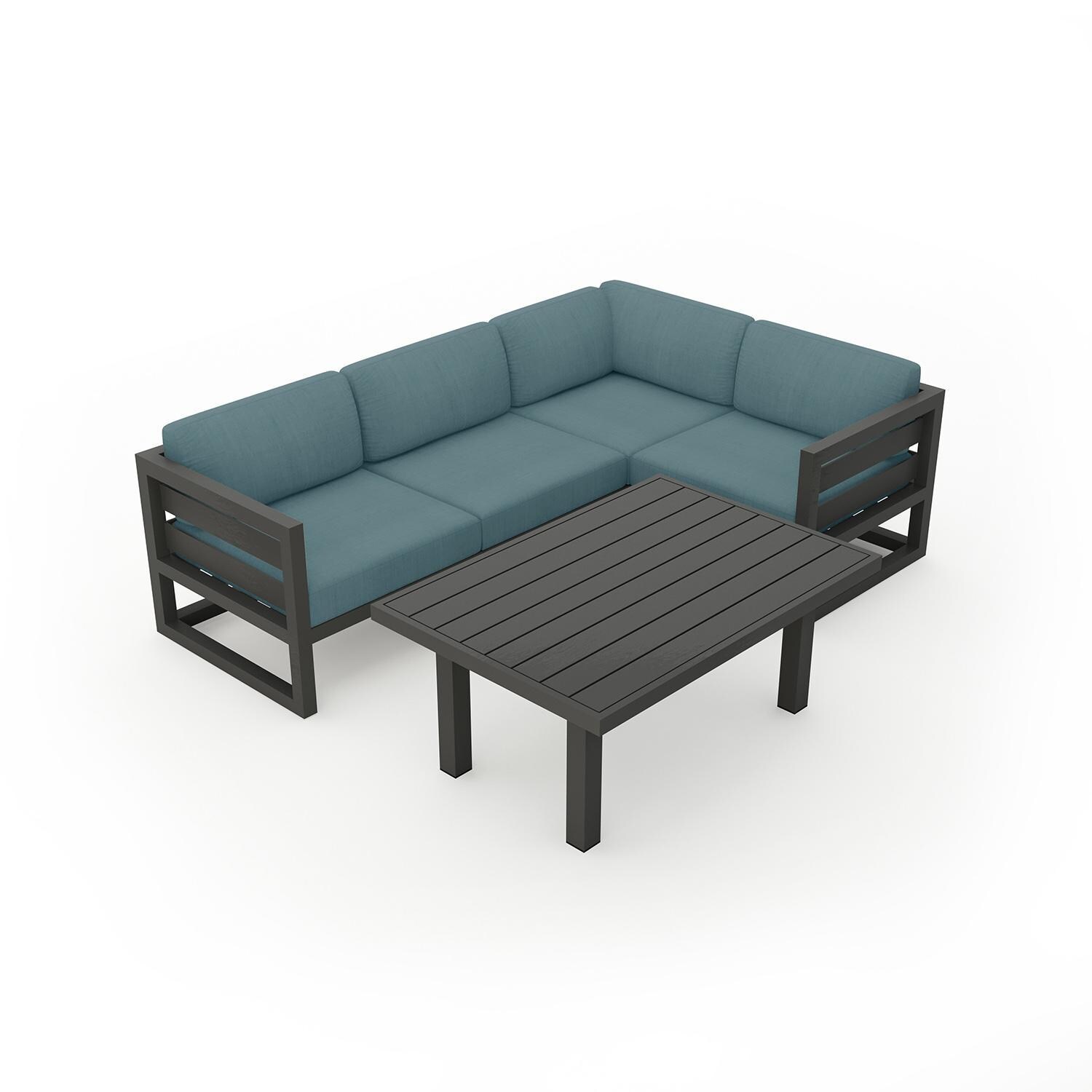 Misty Cove 5 Piece Sectional Set in Slate w/Chat Table & Cast Lagoon Cushions by Lakeview - Top Angle View - White Background thumbnail