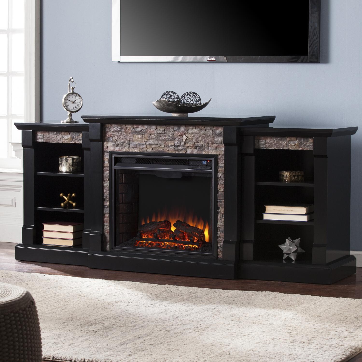 Southern Enterprises Gallatin 71-Inch Electric Fireplace W/ Bookcases - Satin Black W/ Black River Faux Stone - FE8525 - In the Home thumbnail