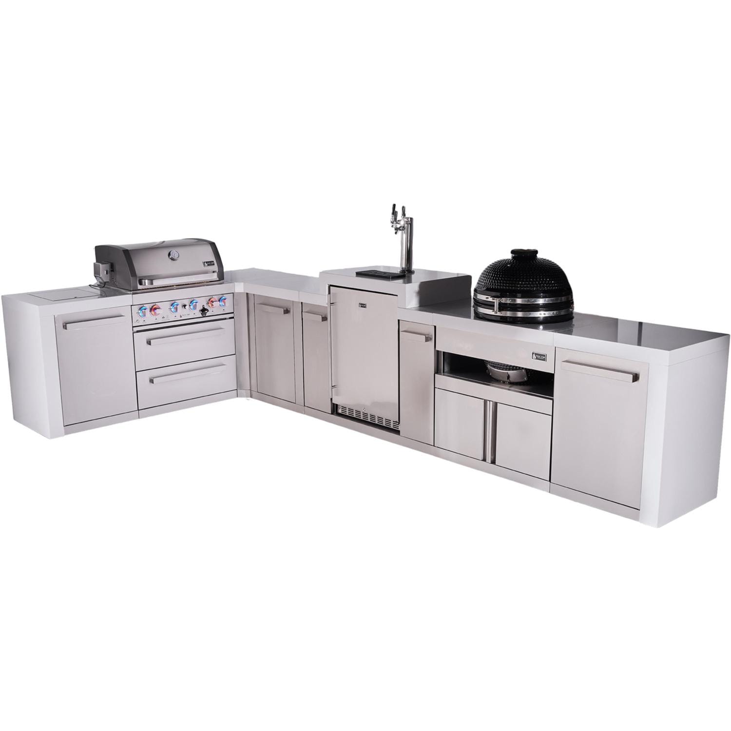 Mont Alpi Deluxe Series 13 Ft L-Shaped Natural Gas Outdoor Kitchen Island w/ 32-in Grill, Side Burner, Kegerator, Kamado Module & Extra Door (Ships Propane w/ Conversion Kit)