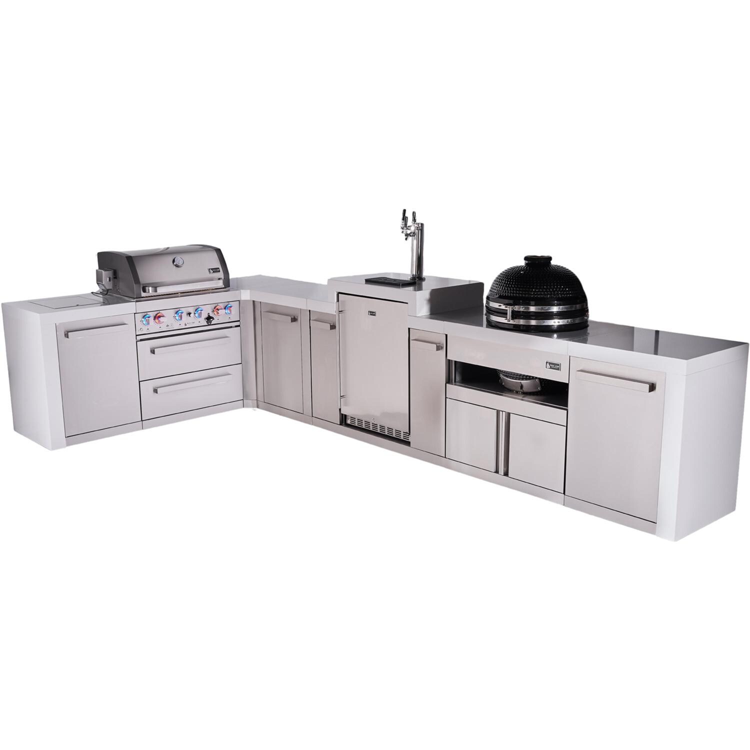 Mont Alpi Deluxe Series 13 Ft L-Shaped Natural Gas Outdoor Kitchen Island w/ 32-in Grill, Side Burner, Kegerator, Kamado Module & Extra Door (Ships Propane w/ Conversion Kit)