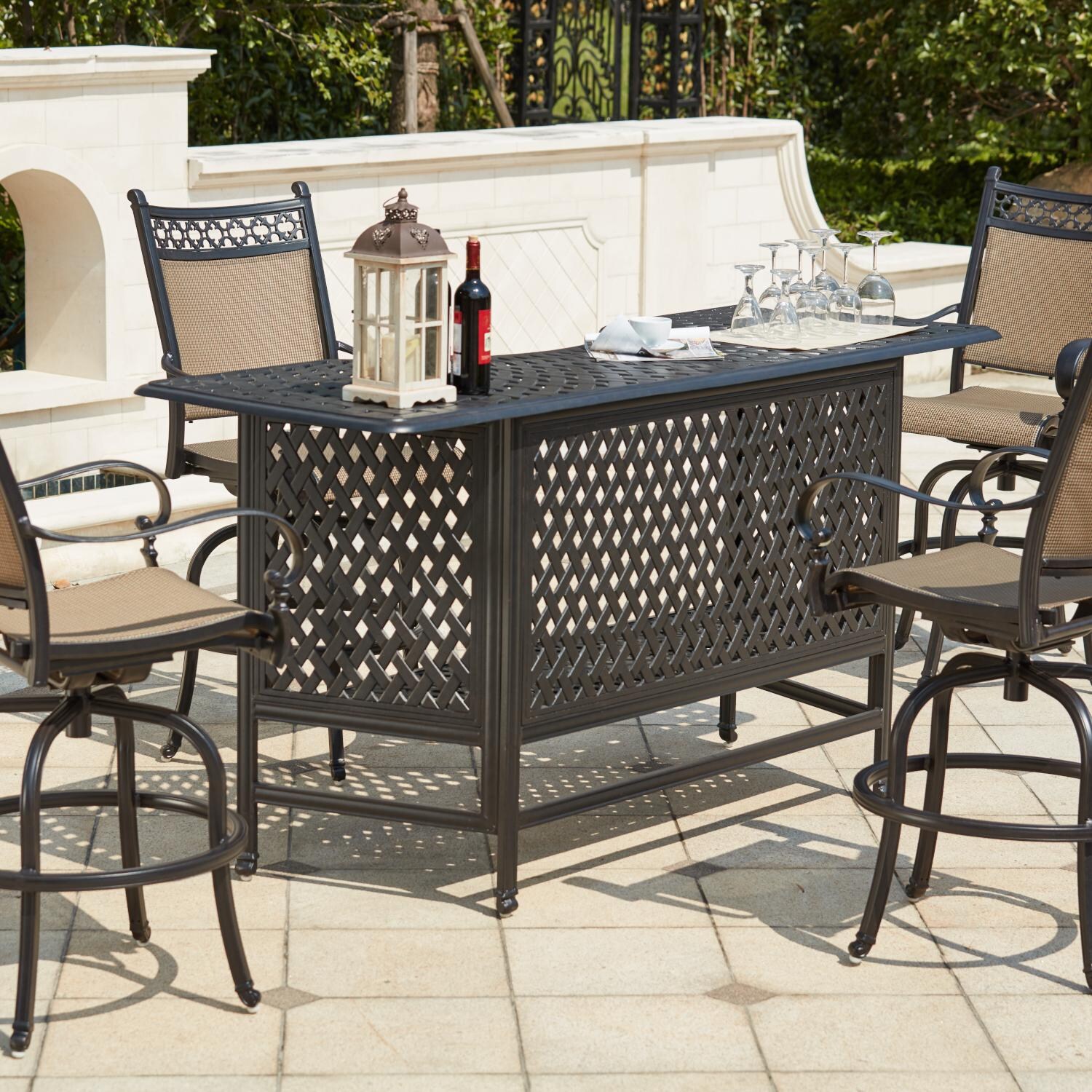 Darlee 201610-5PC-60K Mountain View 5 Piece Cast Aluminum Sling Patio Party Bar Set W/ Swivel Bar Stools thumbnail