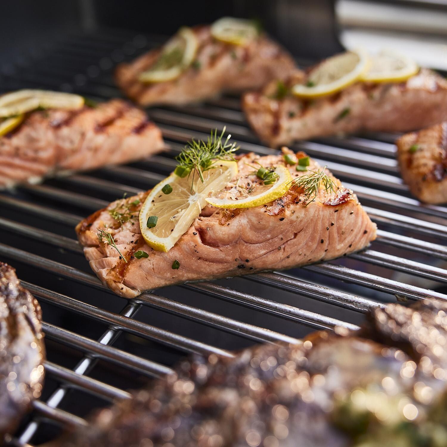 Weber 1500539 GENESIS S-415 Propane Gas Grill in Stainless Steel - Grilling Salmon - Detail thumbnail