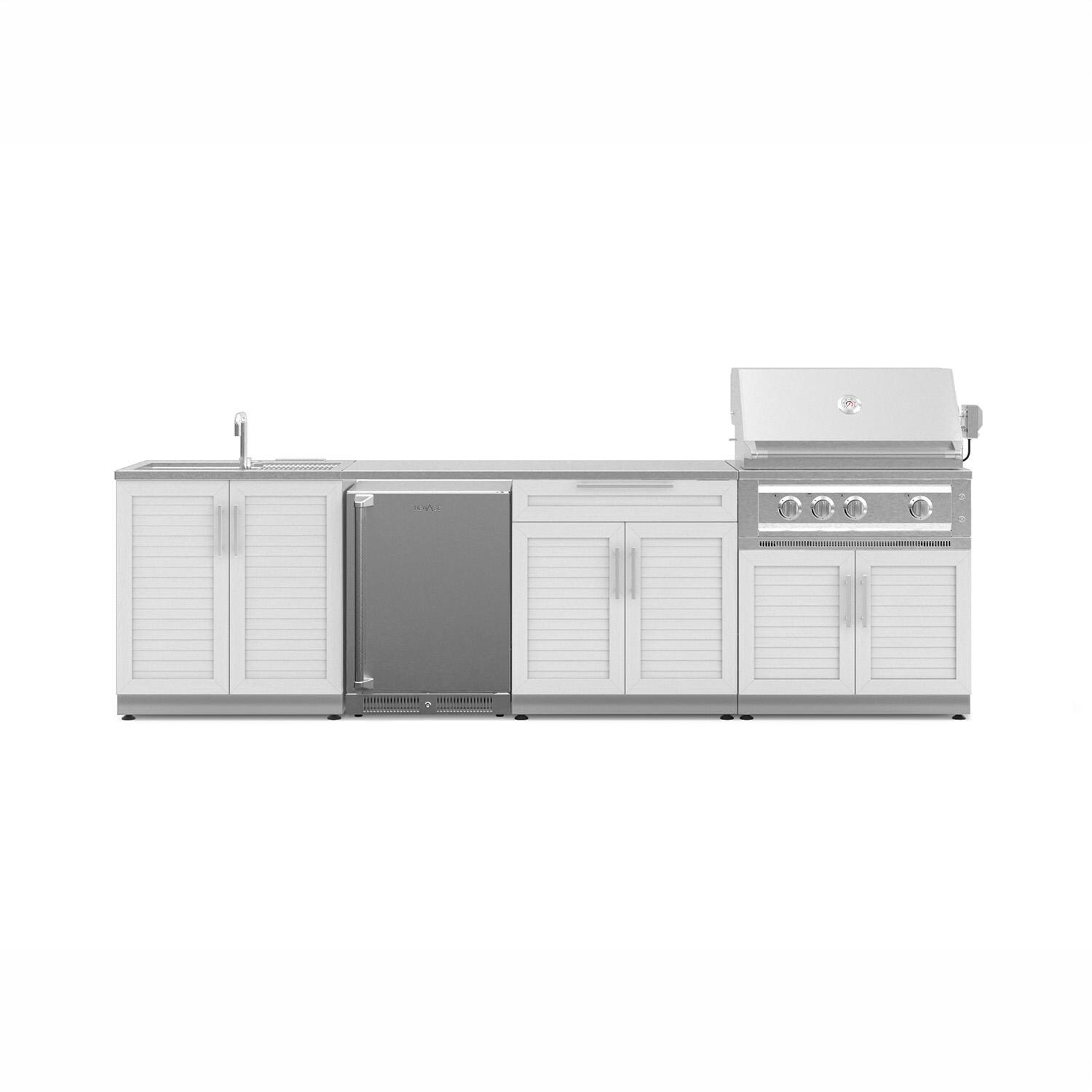 NewAge Products Classic Series 10 Ft Outdoor Kitchen Island w/ 33-in Natural Gas Grill, Sink, Refrigerator, Trash Bin, Door & Drawer in White/Stainless Steel