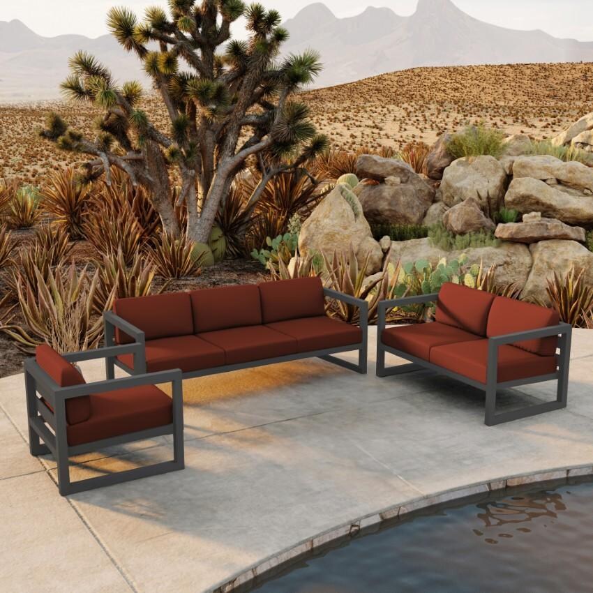 Misty Cove 3 Piece Seating Set in Slate w/Sofa & Canvas Henna Cushions by Lakeview - Hero - Lifestyle thumbnail