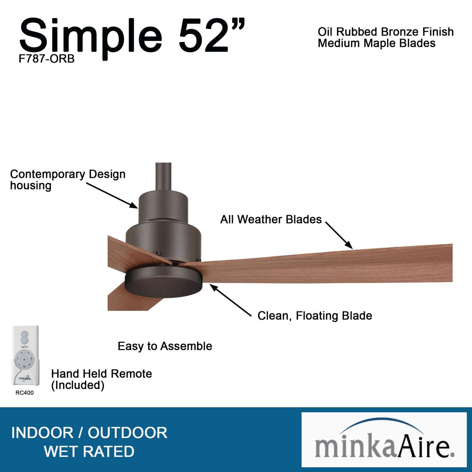 Minka-Aire F787-ORB Simple 52-Inch 3-Blade Ceiling Fan in Oil Rubbed Bronze Finish w/ - Medium Maple - Blades - Details thumbnail