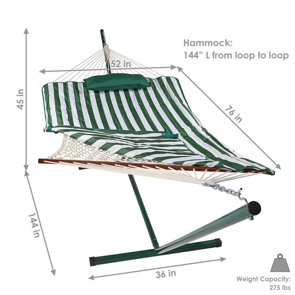 Ultimate Patio Rope Hammock w/ 12-Foot Stand, Pad, & Pillow - Green & White Stripe - Dimensions thumbnail