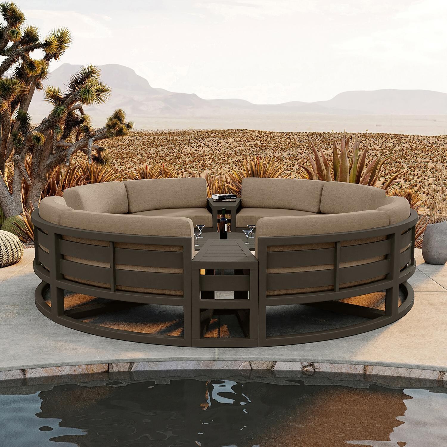 Misty Cove 7 Pc Aluminum Seating Set - Curved Sectional in Slate/Heather Beige by Lakeview Outdoor Designs