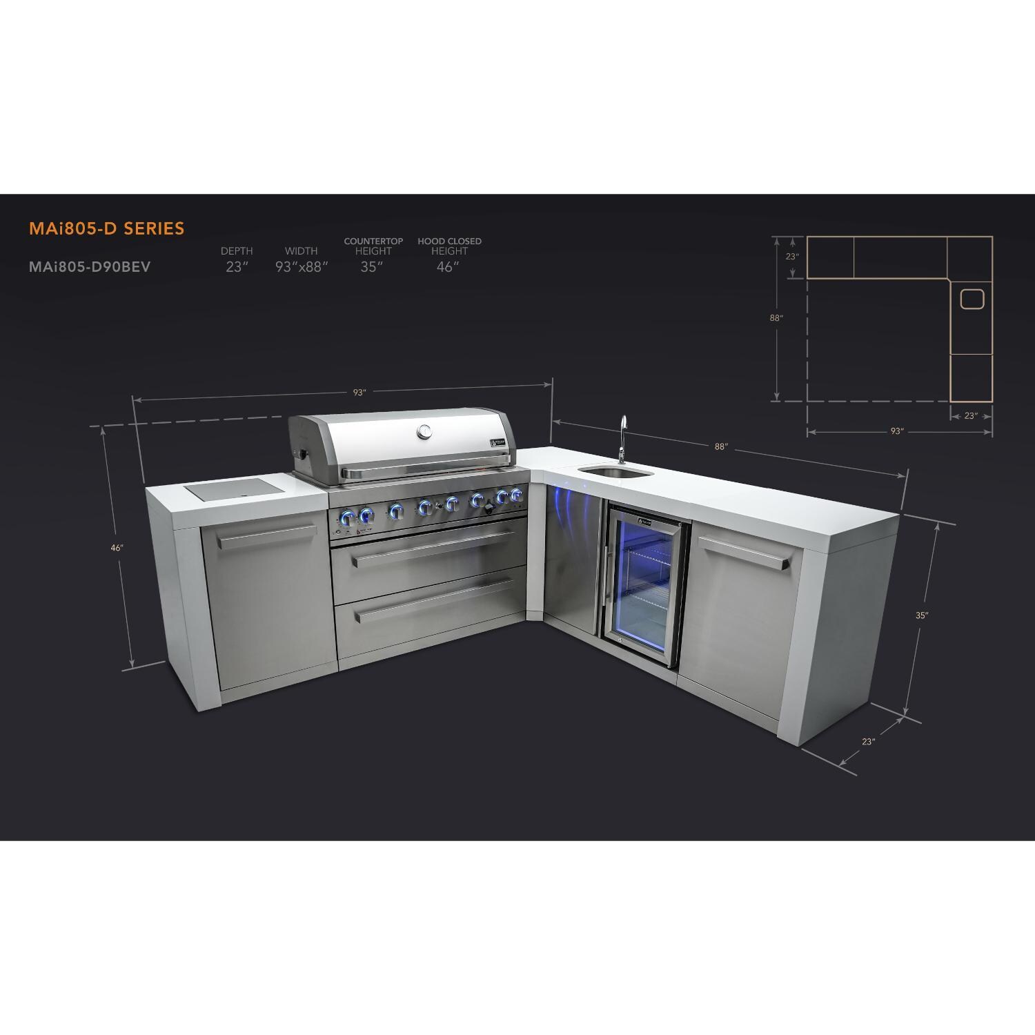 Mont Alpi MAi805-D90BEV 805 Deluxe Propane Island W/ 90 Degree Corner & Beverage Center - Dimensional thumbnail