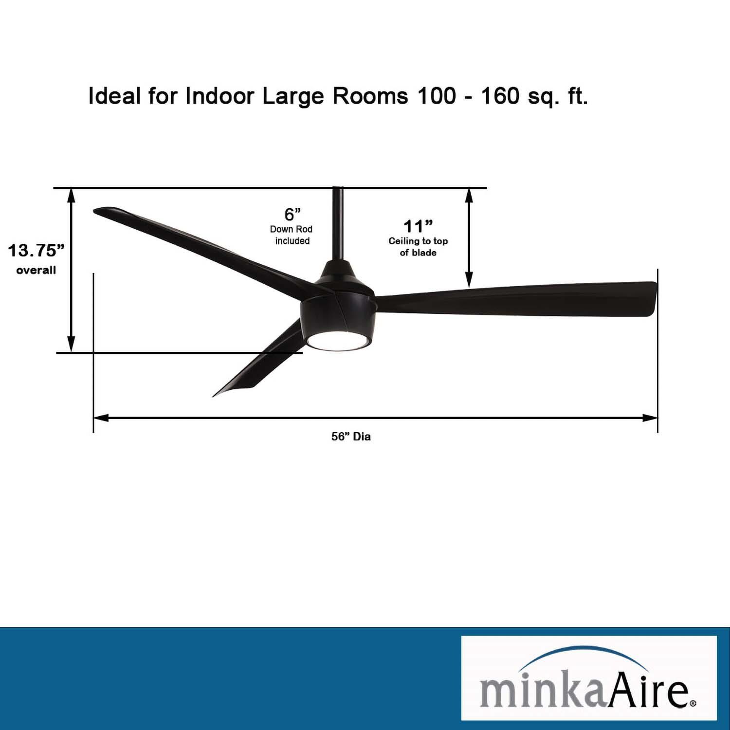 Minka-Aire F626L-CL Skinnie 56-Inch 3-Blade LED Ceiling Fan in Coal Finish w/ Coal Blades & Etched Lens - Dimensions thumbnail
