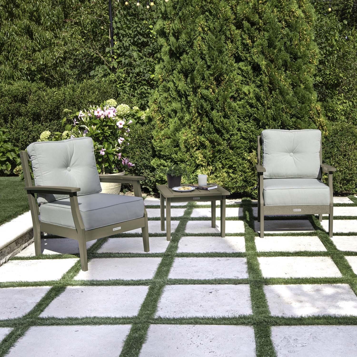 Blushing Bay 3 Pc Recycled Plastic Seating Set in Canvas Seasalt/Woodland Brown by Lakeview Outdoor Designs - Angled Left - Lifestyle thumbnail