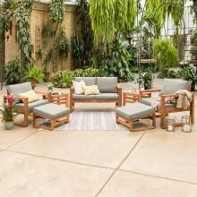 Hudson 7 Piece Acacia Patio Conversation Set W/ Gray Cushions By Walker Edison image