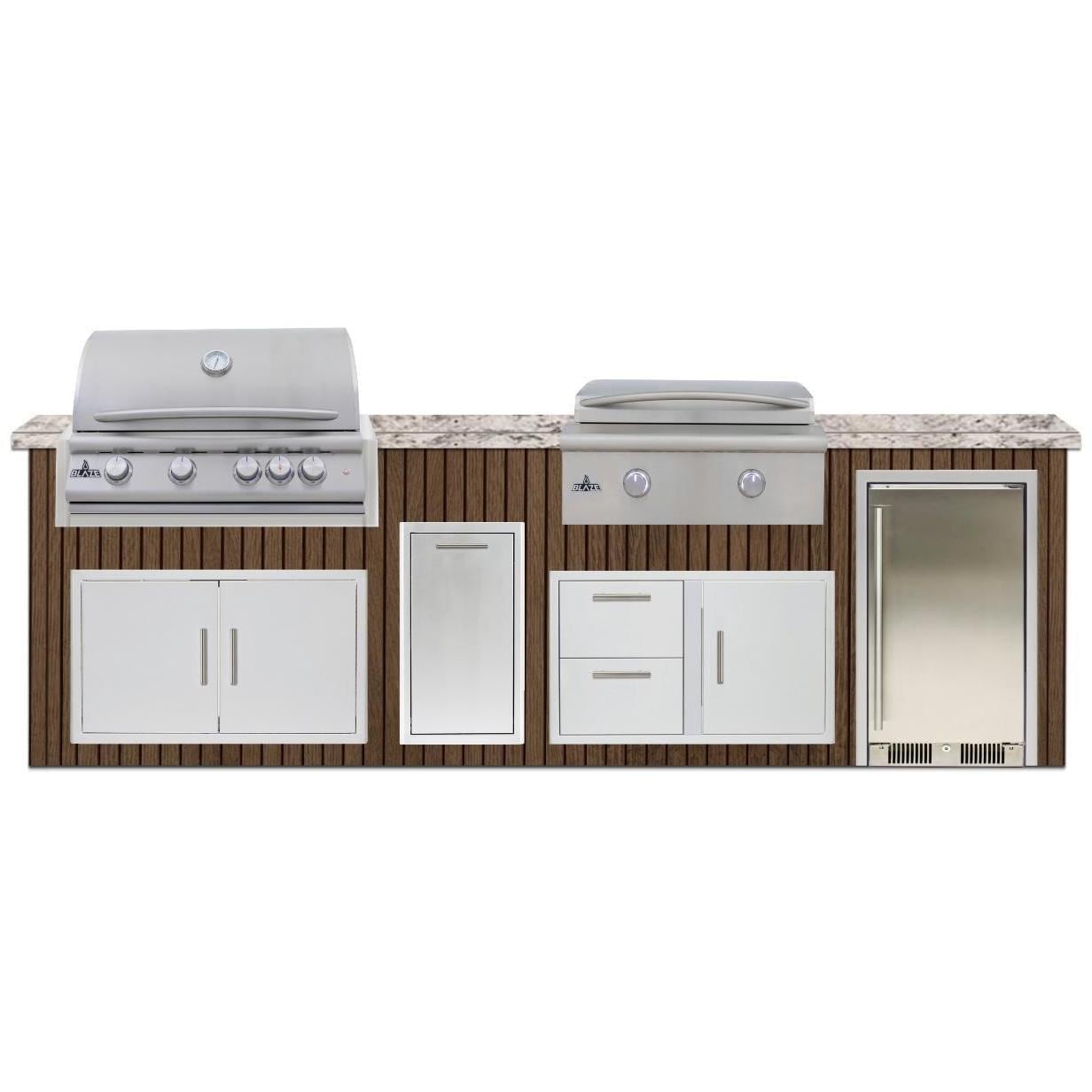 BBQGuys Signature  10 Ft Outdoor Kitchen Island w/ 32-in Propane Blaze LTE+ Grill & Griddle, 15-in Refrigerator & Narrow Trash Bin | Toffee w/ White Valley Granite - Island - White Background thumbnail