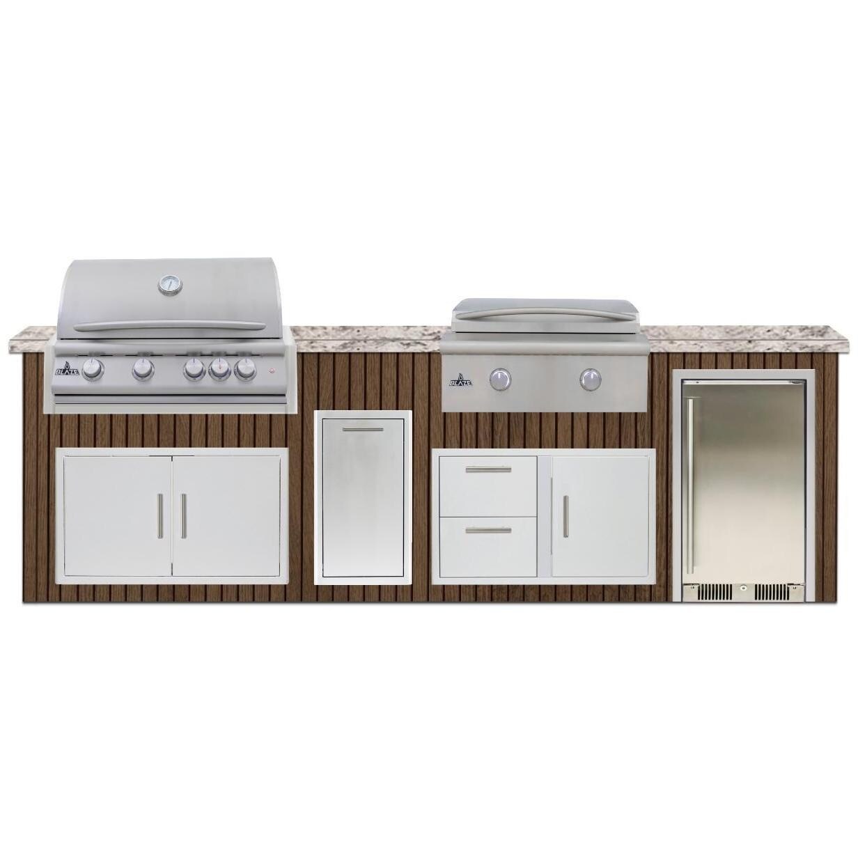 BBQGuys Signature 10 Ft Outdoor Kitchen Island w/ 32-in Propane Blaze LTE+ Grill & Griddle, 15-in Refrigerator & Narrow Trash Bin | Toffee w/ White Valley Granite - Island - White Background thumbnail