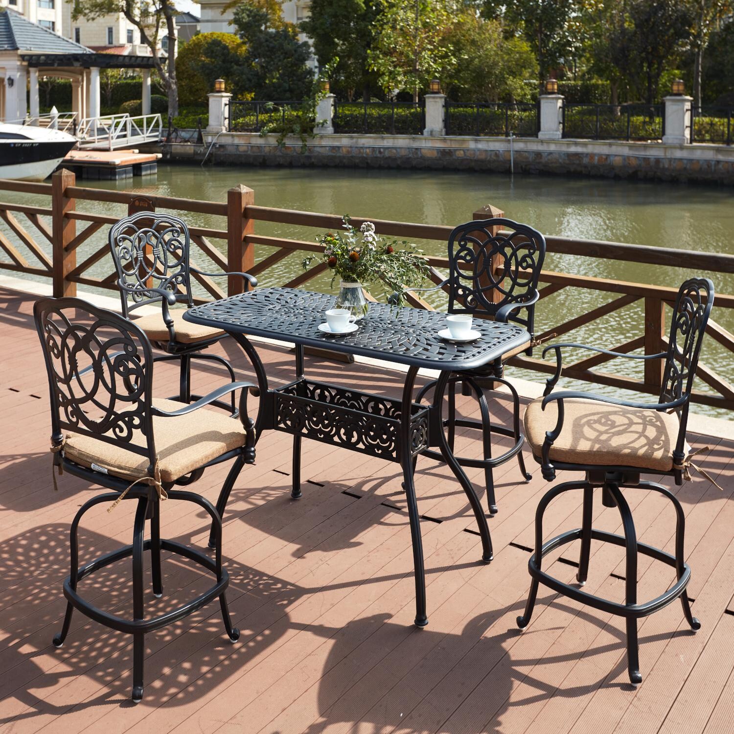 Darlee Florence 5 Piece Cast Aluminum Counter Height Bar Set W/ 52 X 26 Inch Rectangular Table & Sesame Cushions image