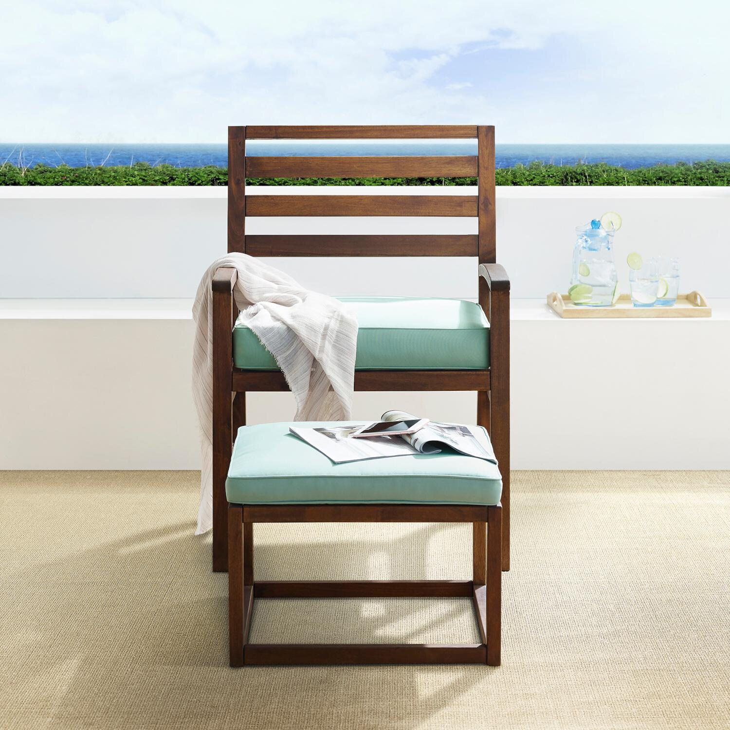 Ultimate Patio Crewview 2 Piece Acacia Patio Conversation Set W/ 19 Inch Square Ottoman - - Dark Brown/Blue - Lifestyle thumbnail