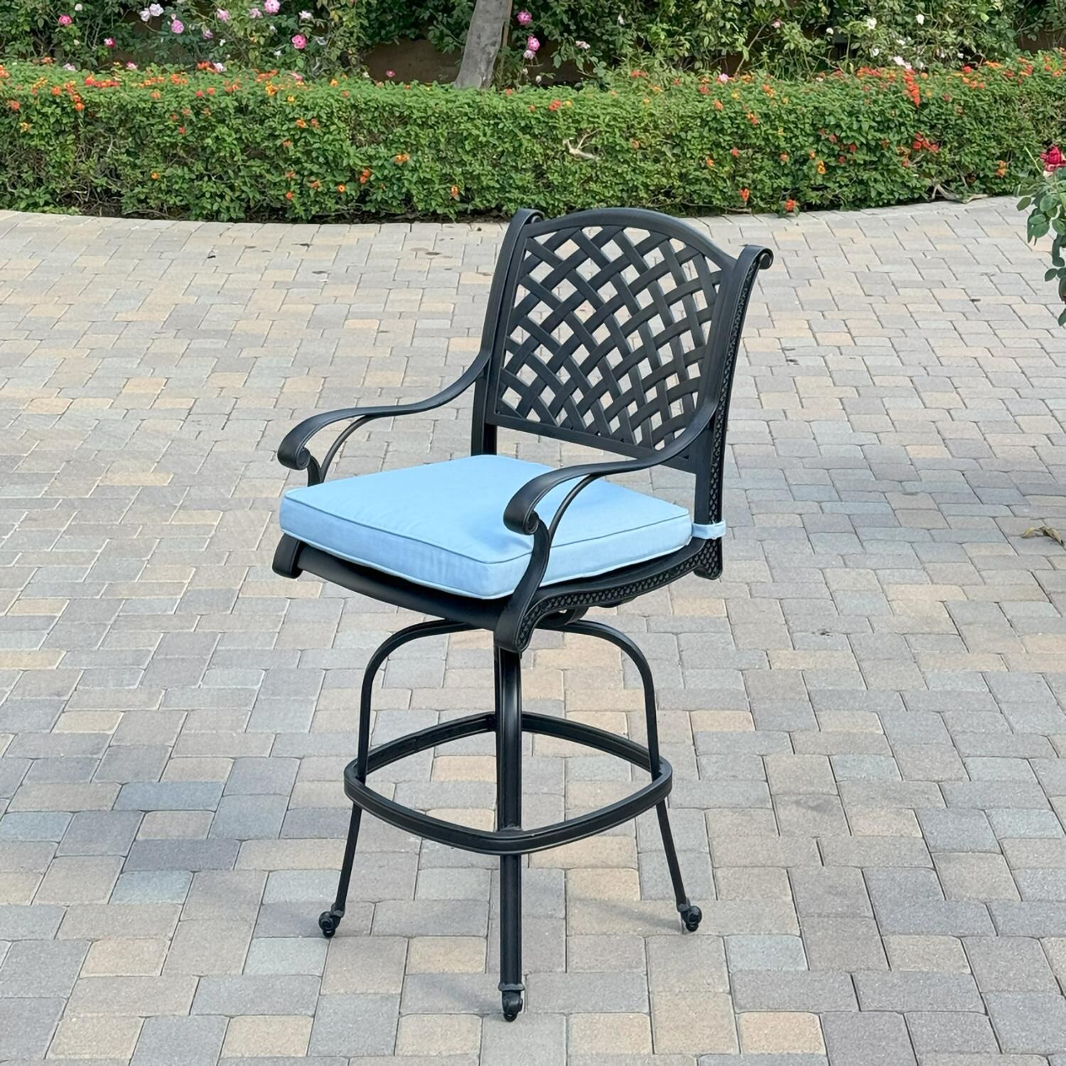 Darlee B/DL13-5PC-50F-B Nassau 5 Pc Cast Aluminum Bar Set in Antique Bronze w/ Blue Cushions - Chair Angle - Lifestyle thumbnail