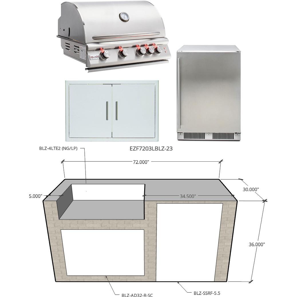 EZ Finish Systems 6 Ft Ready to Finish Outdoor Kitchen Island w/ Blaze LTE 32-Inch Propane Grill & Refrigerator - Grill on Left