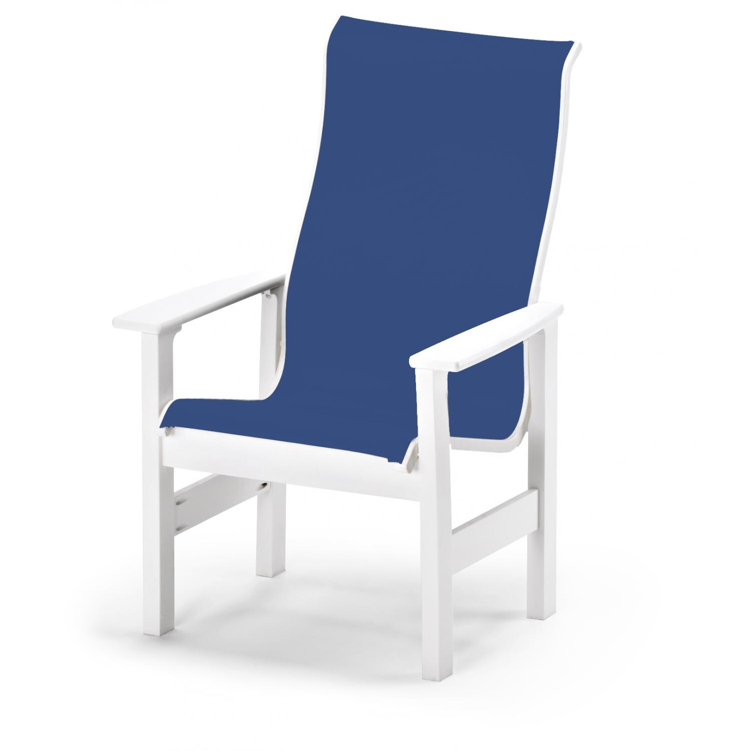 Leeward Supreme MGP Patio Dining Arm Chair With Sling Seating By Telescope Casual - Textured Snow/Cobalt