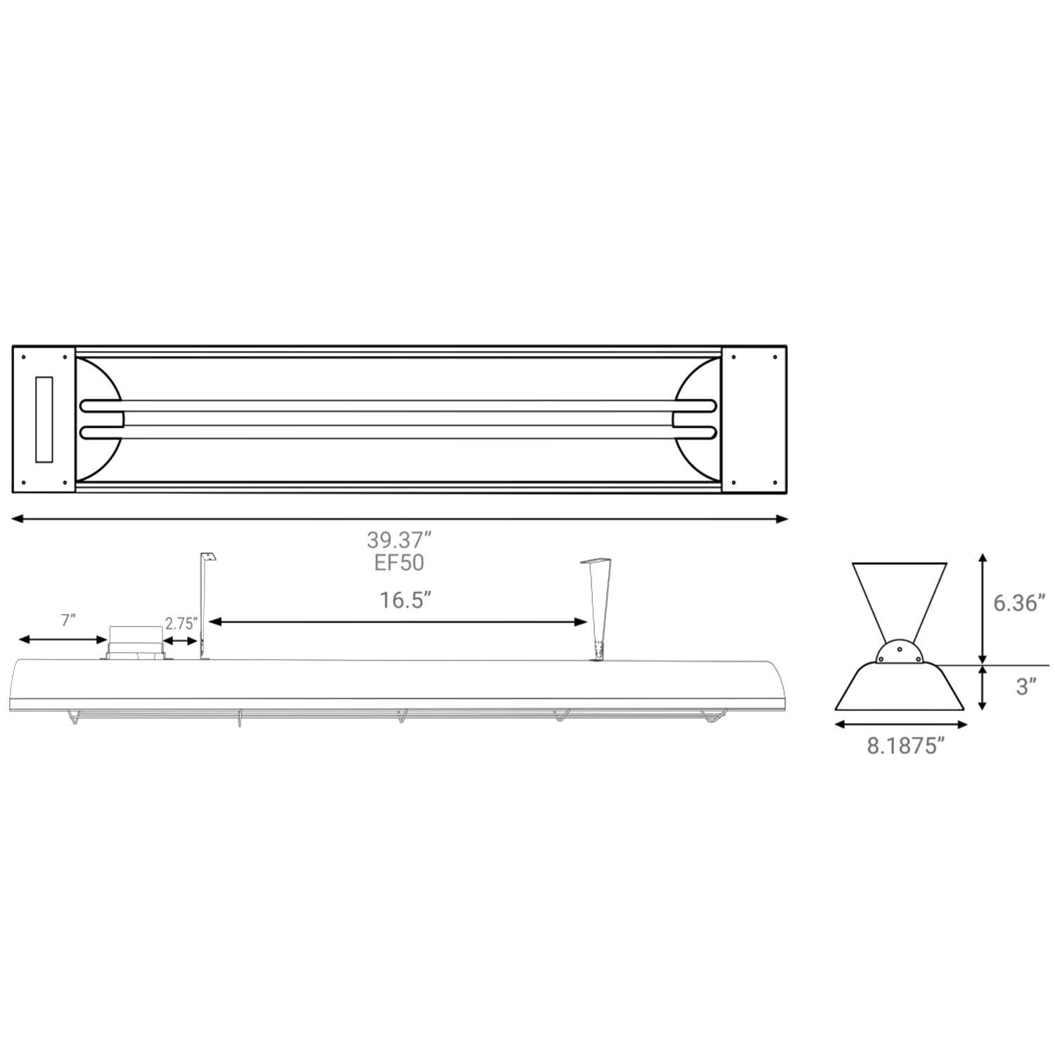 Eurofase EF50208S 39-Inch 5000 Watt Dual Element 208V Electric Infrared Patio Heater - Stainless Steel - Dimensional thumbnail