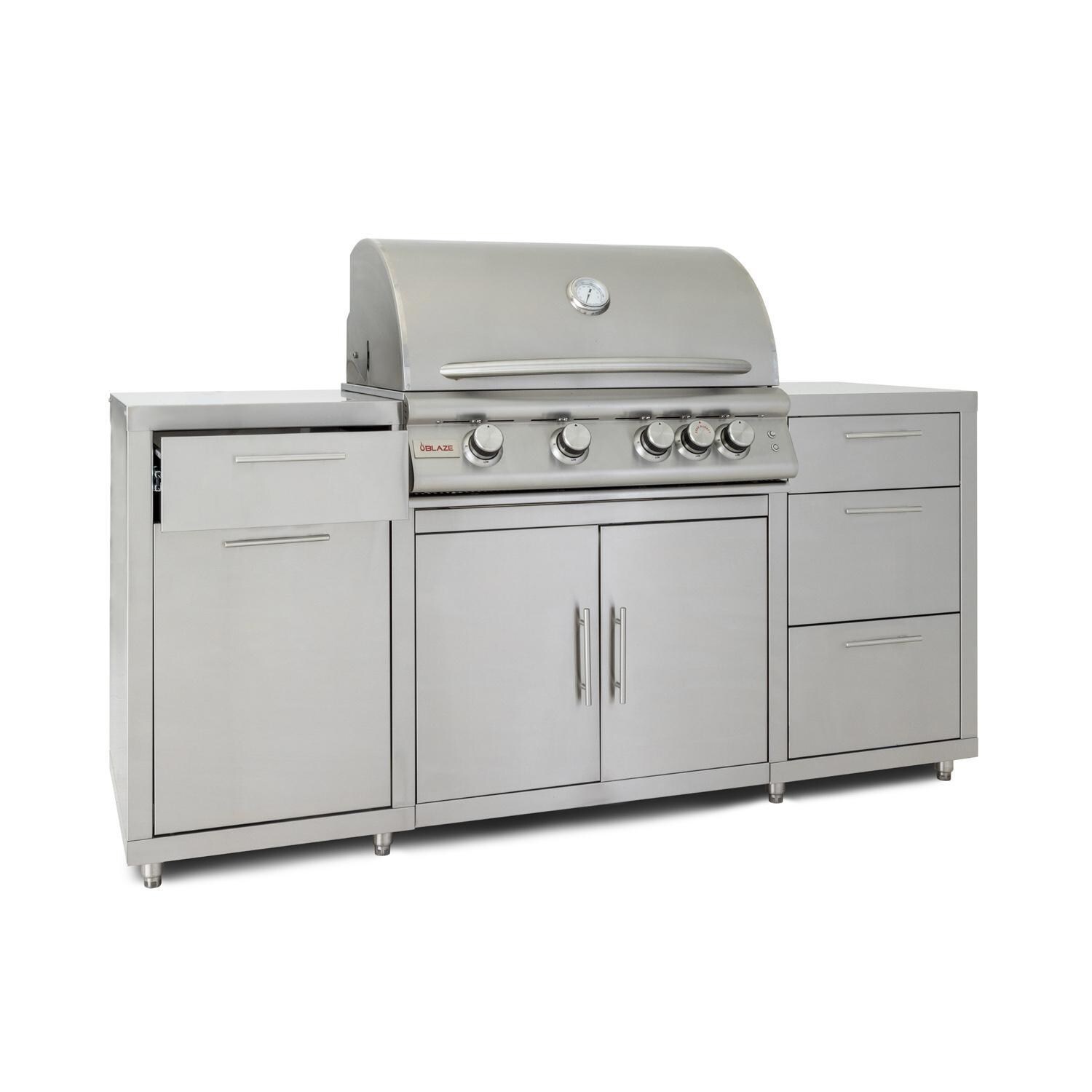 Blaze BLZ-SS-ISLAND-4LTE2-LP 6-Foot Stainless Steel Island w/ Premium LTE 32-Inch Propane Grill - Angled Left Top Storage Drawer Open - White Background thumbnail