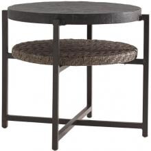 Blue Olive 29 1/2 Inch Round Patio End Table W/ Weatherstone Top & All Weather Wicker Shelf By Tommy Bahama