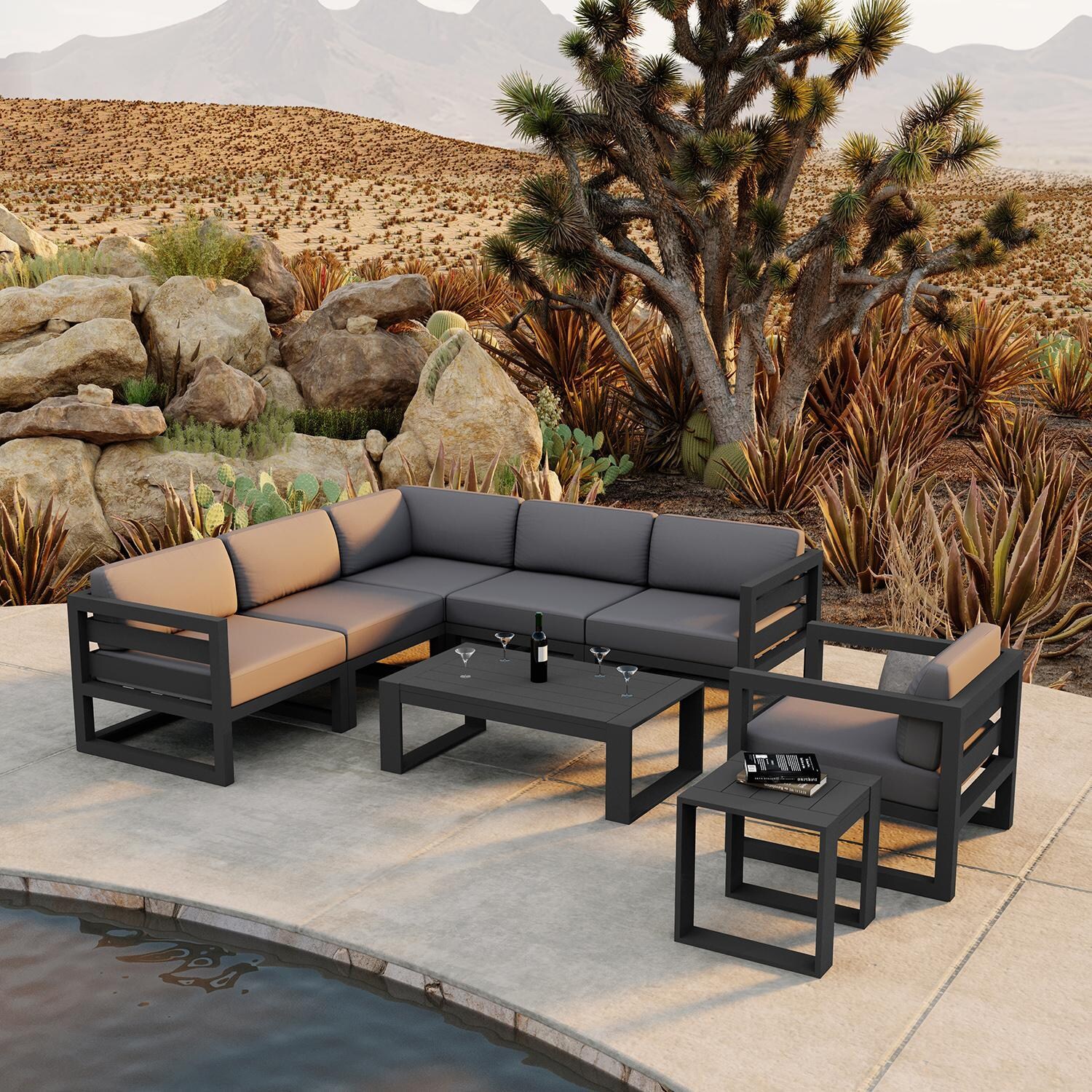 Misty Cove 8 Piece Sectional Set in Slate w/Coffee Table & Canvas Charcoal Cushions by Lakeview - Lifestyle thumbnail