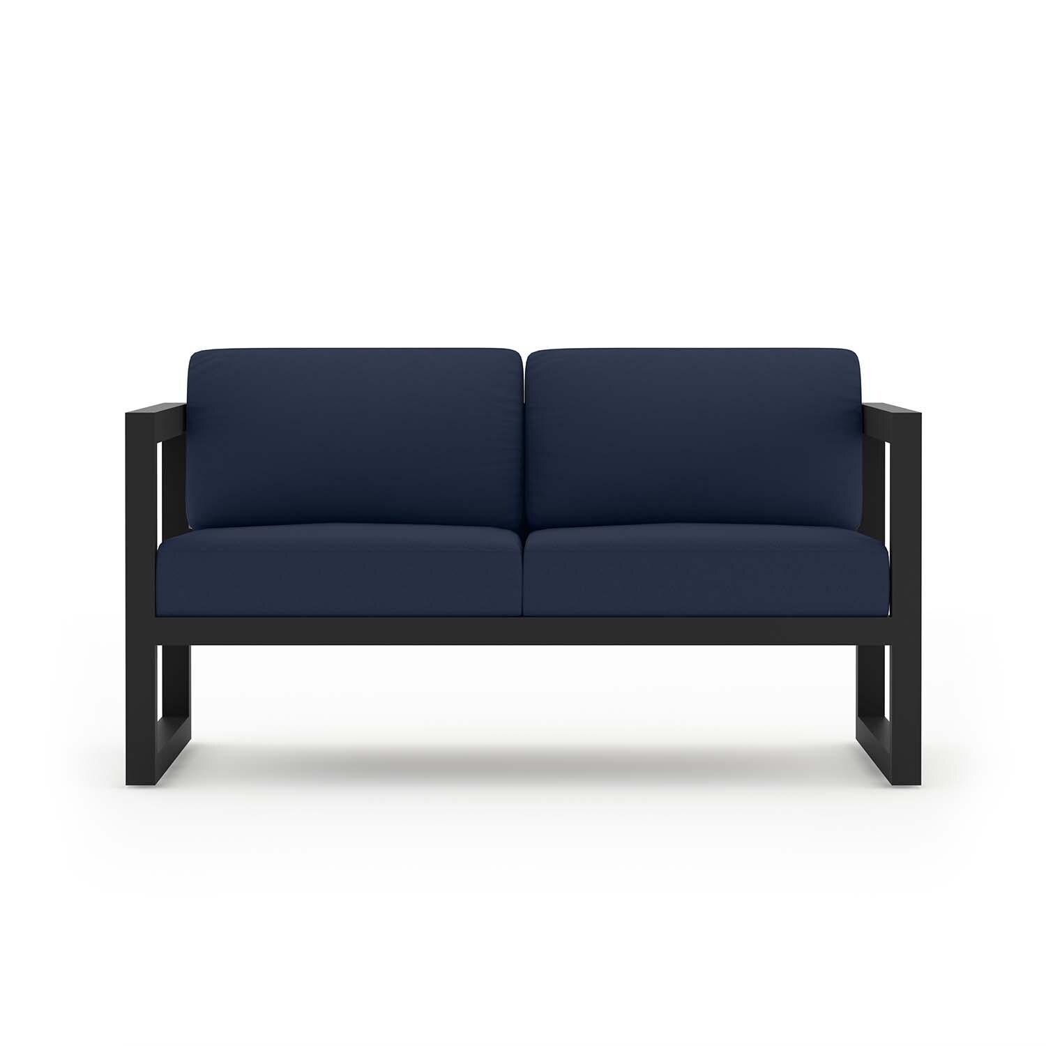 Misty Cove 3 Pc Aluminum Loveseat Seating Set w/ Swivel Chairs in Black/Spectrum Indigo by Lakeview Outdoor Designs - Loveseat - White Background thumbnail