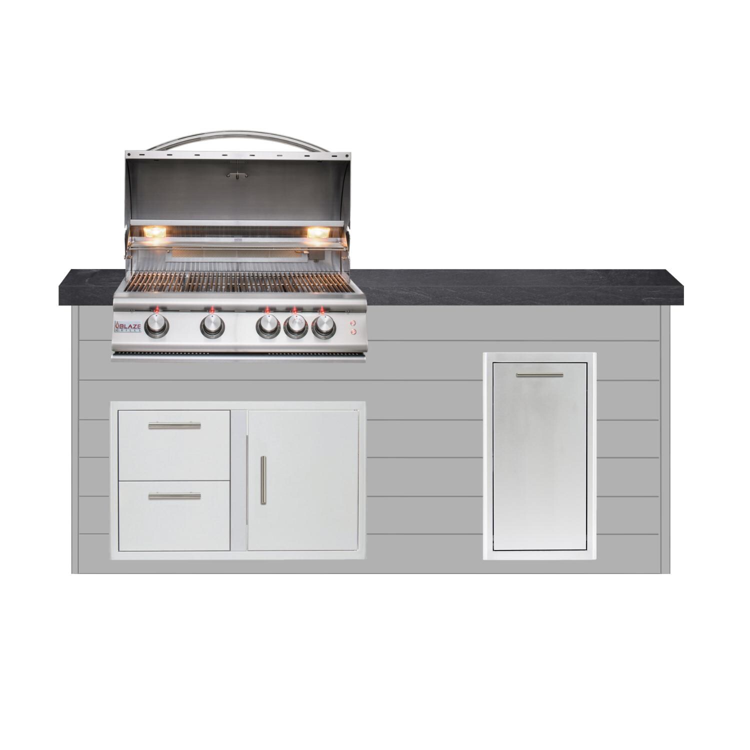 BBQGuys Signature 6ft Luxury Outdoor Island W/ Blaze Premium LTE 32-Inch Propane Grill - Light Gray Steel W/ Black Polished Granite thumbnail
