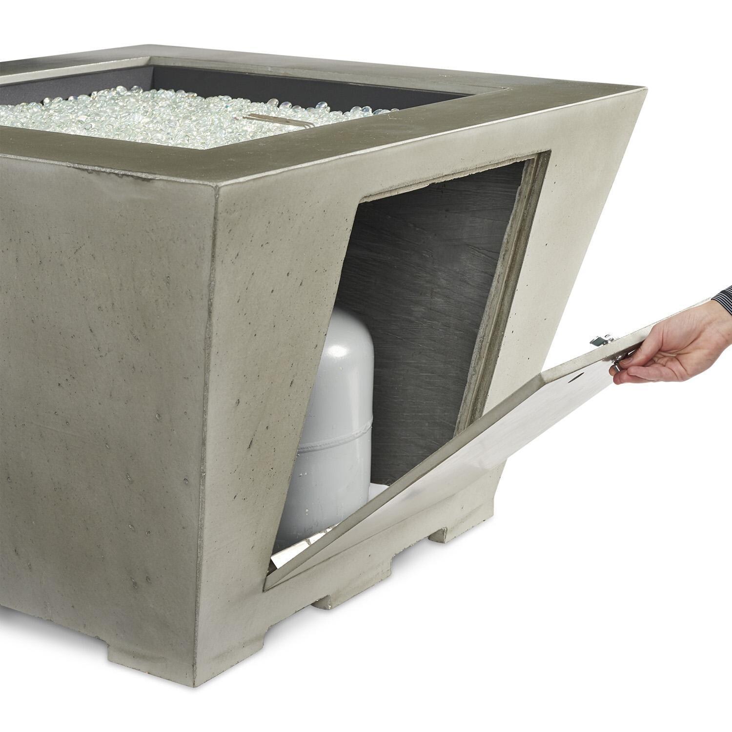 Cove 37 Inch Square GFRC Propane Fire Bowl w/ Electronic Ignition in Natural Gray by The Outdoor GreatRoom Company - Access Door Provides Convenient Storage For Propane Tanks - White Background thumbnail