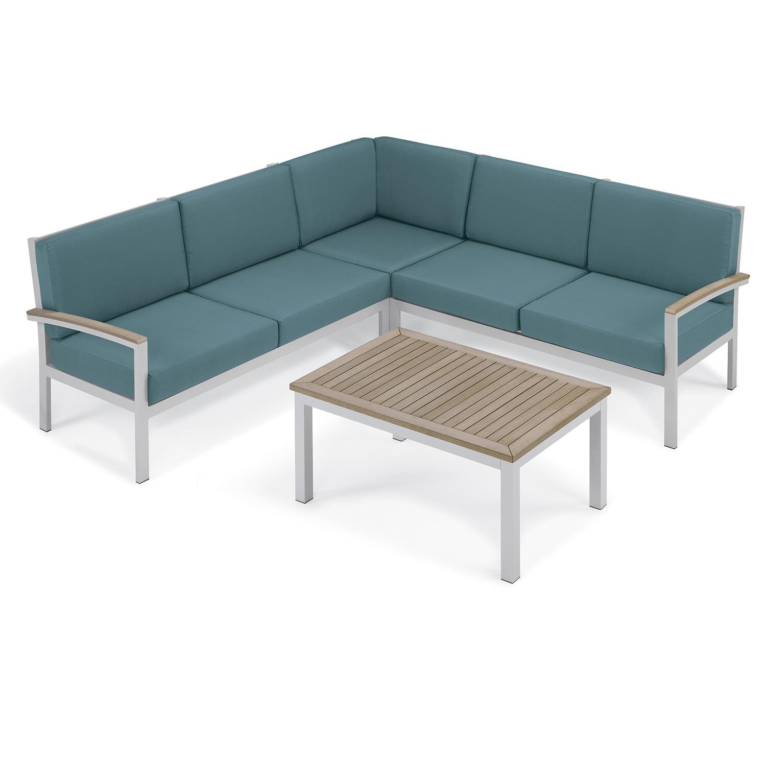Oxford Garden 5276-PC.F Travira 4 Pc Aluminum Seating Set w/ Coffee Table in Vintage Tekwood/ Ice Blue by Oxford Garden - Set - White Background thumbnail