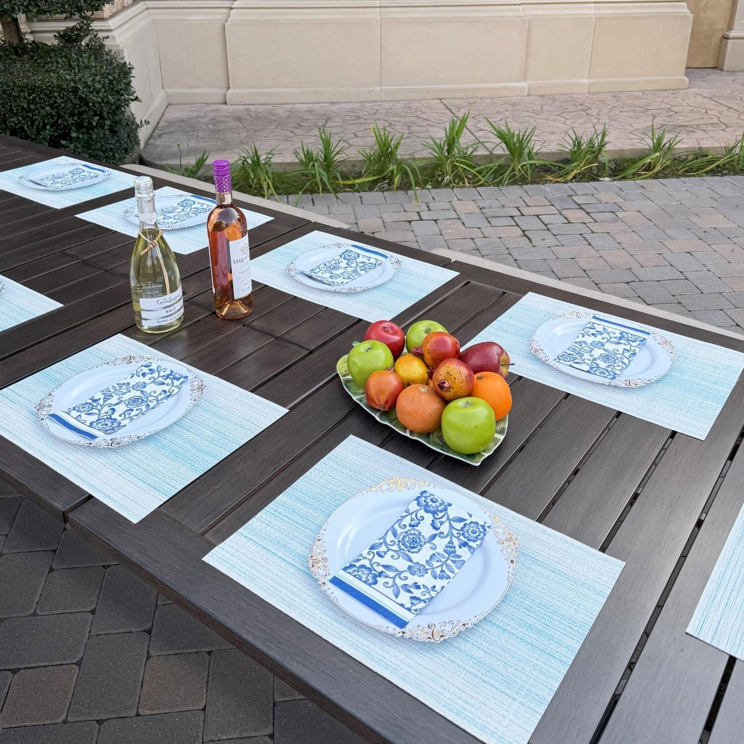 Atlantis 9 Pc Aluminum Dining Set w/ 6 Swivel Rocker Dining Arm Chairs, 2 Two Person Benches & Extension Table in Walnut/Beige by Darlee - Table From Above - Lifestyle thumbnail