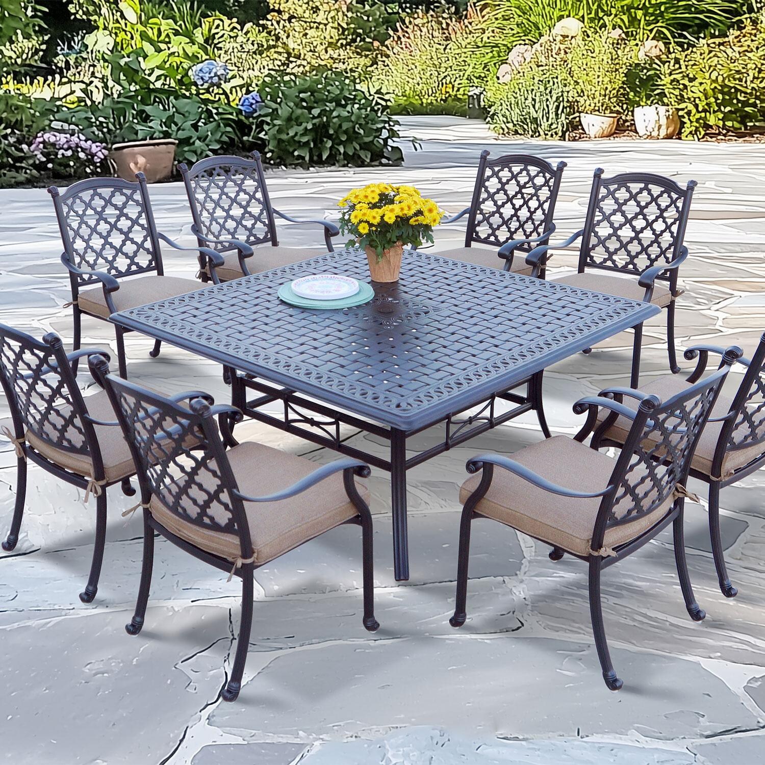 Madison 9 Piece Cast Aluminum Patio Dining Set W/ 60 Inch Square Table By Darlee - Back Patio - Lifestyle thumbnail