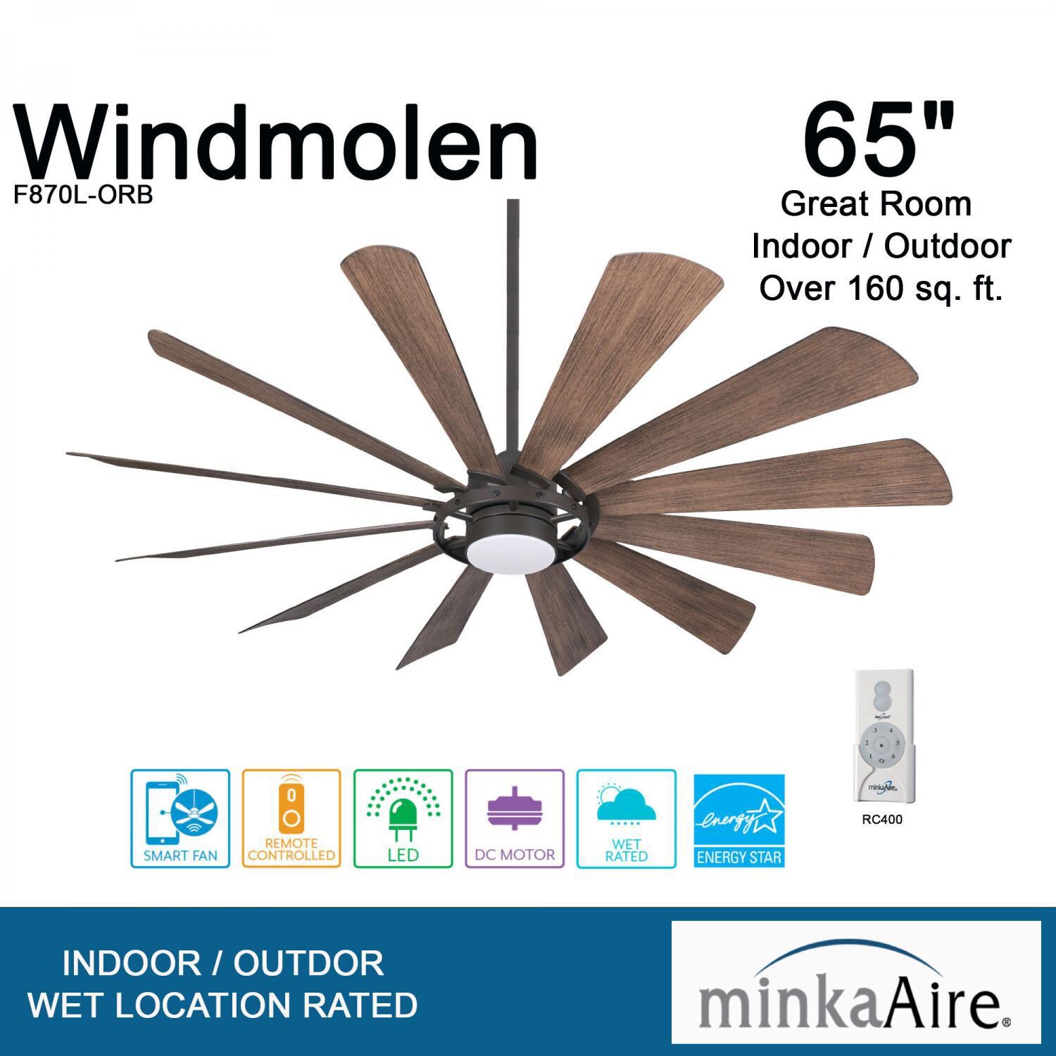 Minka-Aire F870L-ORB Windmolen 65-Inch 12-Blade LED Ceiling Fan in Oil Rubbed Bronze Finish w/ Seasoned Wood Finish Blades & Etched Lens - Overview thumbnail