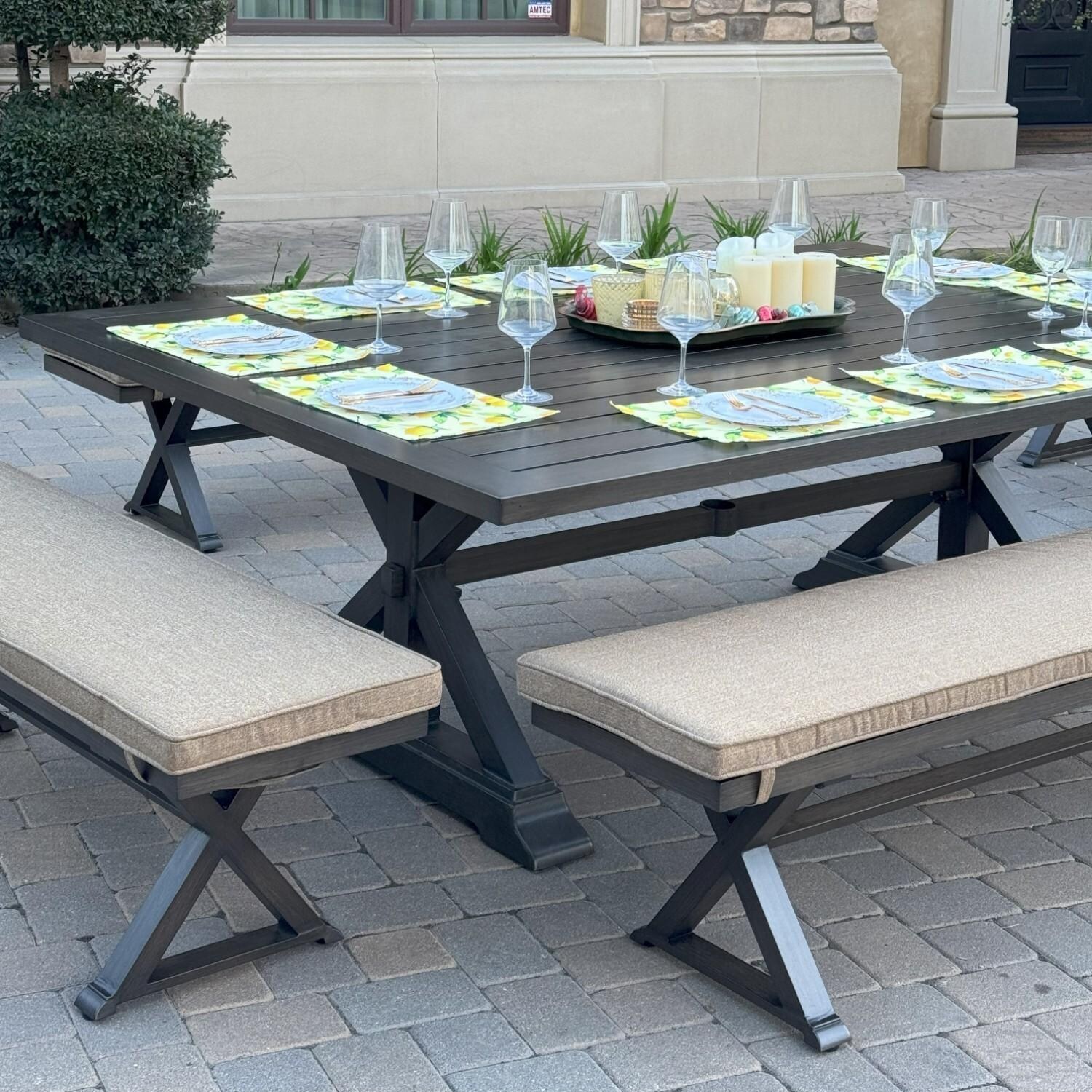 Brooklyn 5 Pc Aluminum Dining Set w/ 88 X 59 Inch Table in Sesame/Multi-brown by Darlee - Table From Side - Lifestyle thumbnail