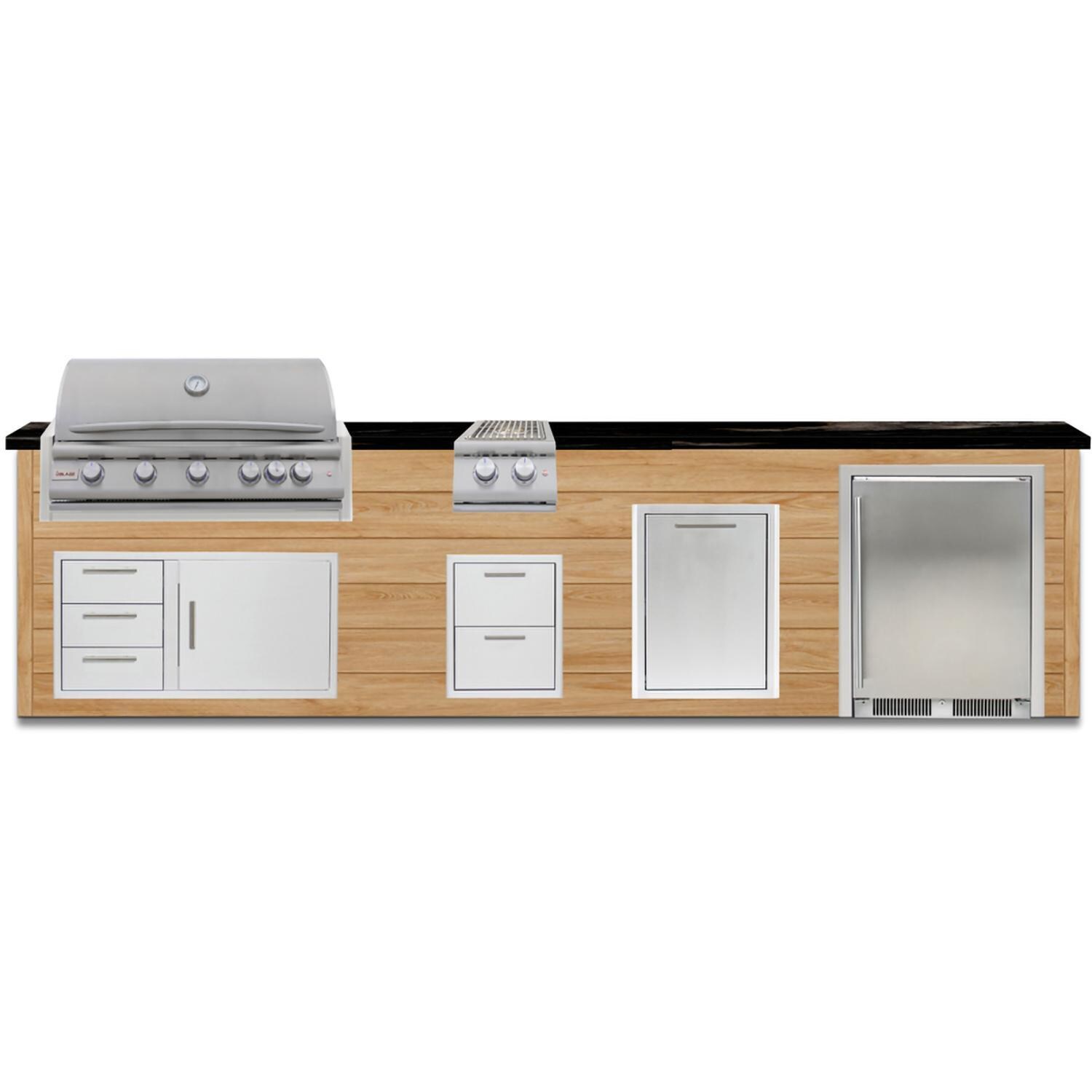 BBQGuys Signature 12 Ft Grill Island w/ 40 Inch Natural Gas Blaze Premium LTE+ Grill, Double Side Burner, Refrigerator, & Door & Drawer | Sun Bleached Oak w/ Nero Mist Granite - Front - White Background thumbnail