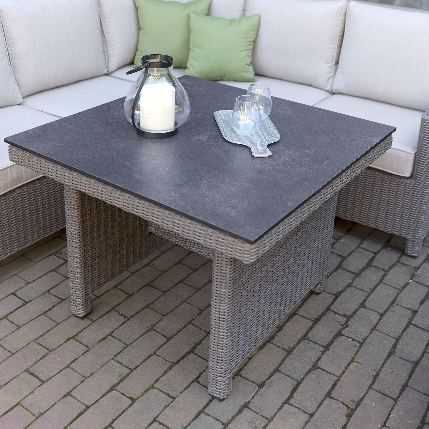 Palma 8 Pc Wicker Modular Corner Seating Set w/ Swivel Glider in Cast Ash By KETTLER - Table - Close Up - Lifestyle thumbnail