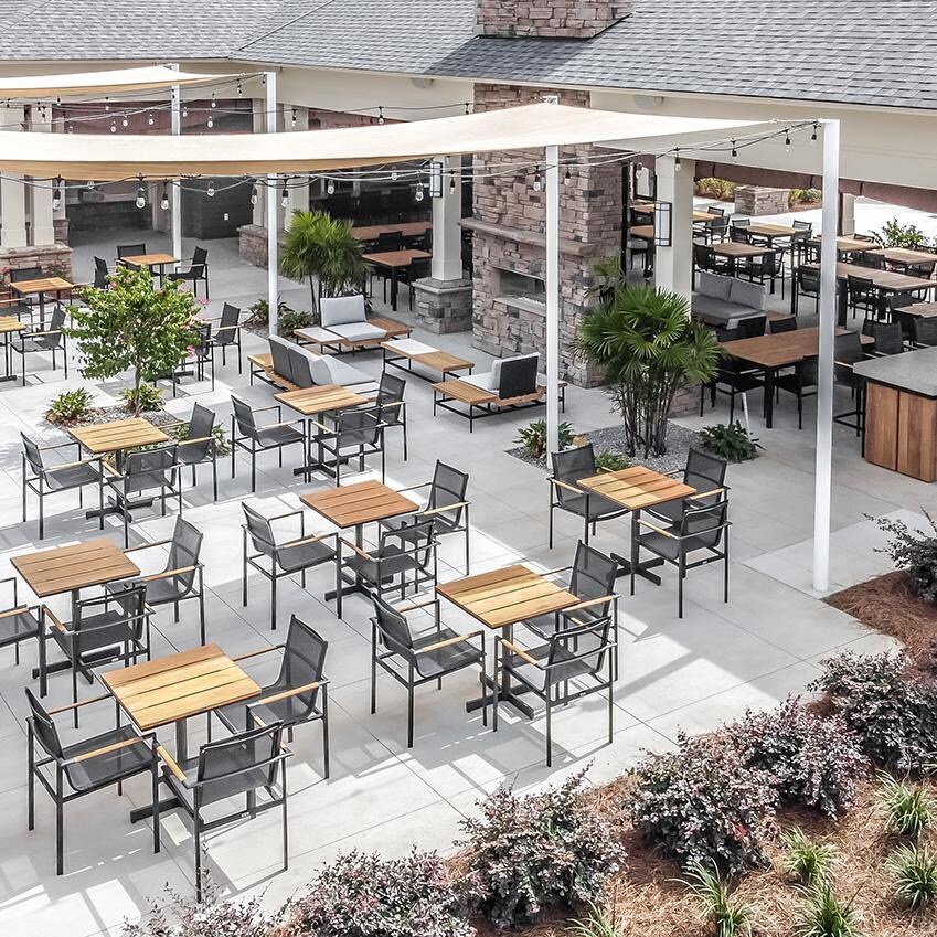 Teak + Table St Barts Aluminum Stacking Dining Chair in White - Party Setup - Lifestyle thumbnail