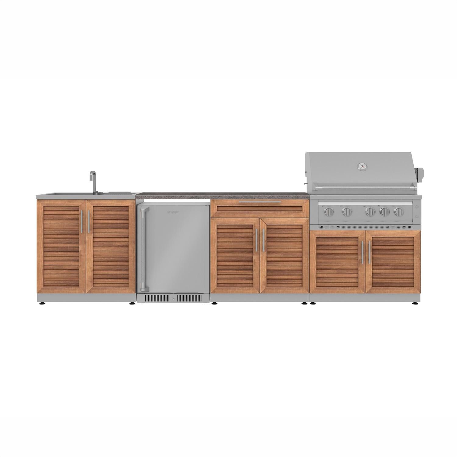 NewAge Products Classic Series 10 1/2 Ft Outdoor Kitchen Island w/ 36-in Propane Grill, Sink, Refrigerator, Trash Bin, Door & Drawer in Grove/Sage Gray