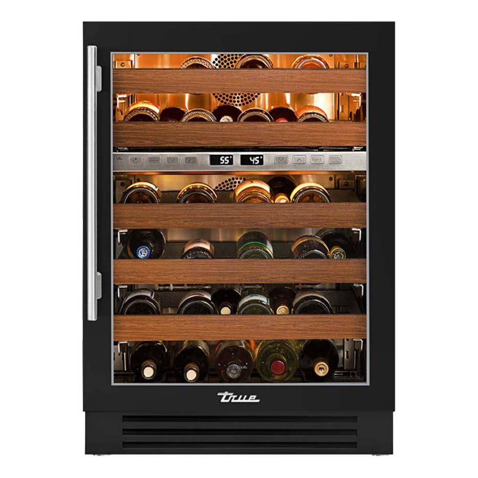 True TWC-24DZ-R-OG-C~DSK-027-H04 24 Inch 45 Bottle Right Hinge Glass Door Outdoor Dual Zone Outdoor Wine Cabinet - Matte Black w/ Stainless Steel Handle - White Background thumbnail