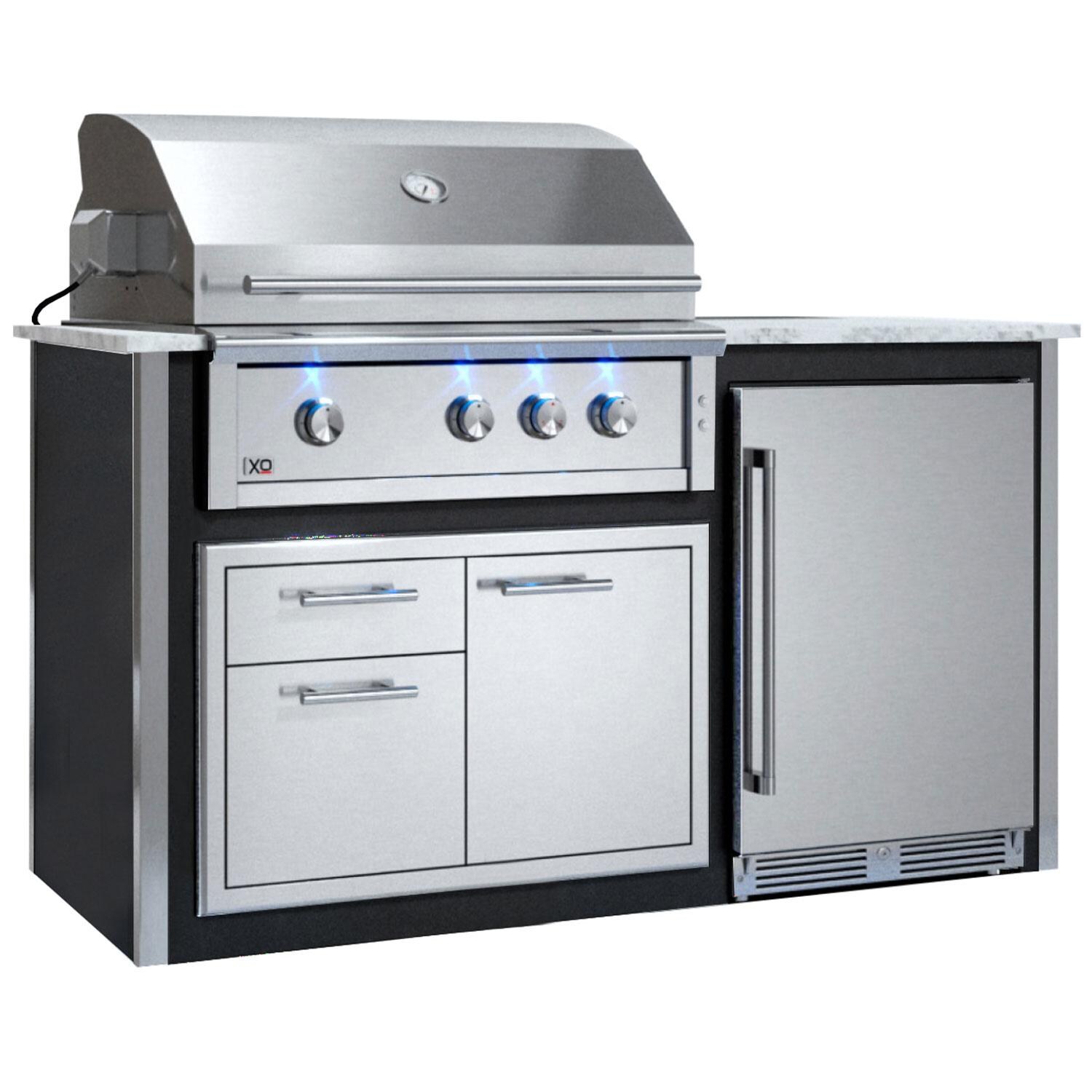 XO Designer 6 1/2 Ft Outdoor Kitchen Island w/ 36-in Natural Gas Pro-Grade Grill, Door & Drawer, & Outdoor Refrigerator in Black - White Background thumbnail