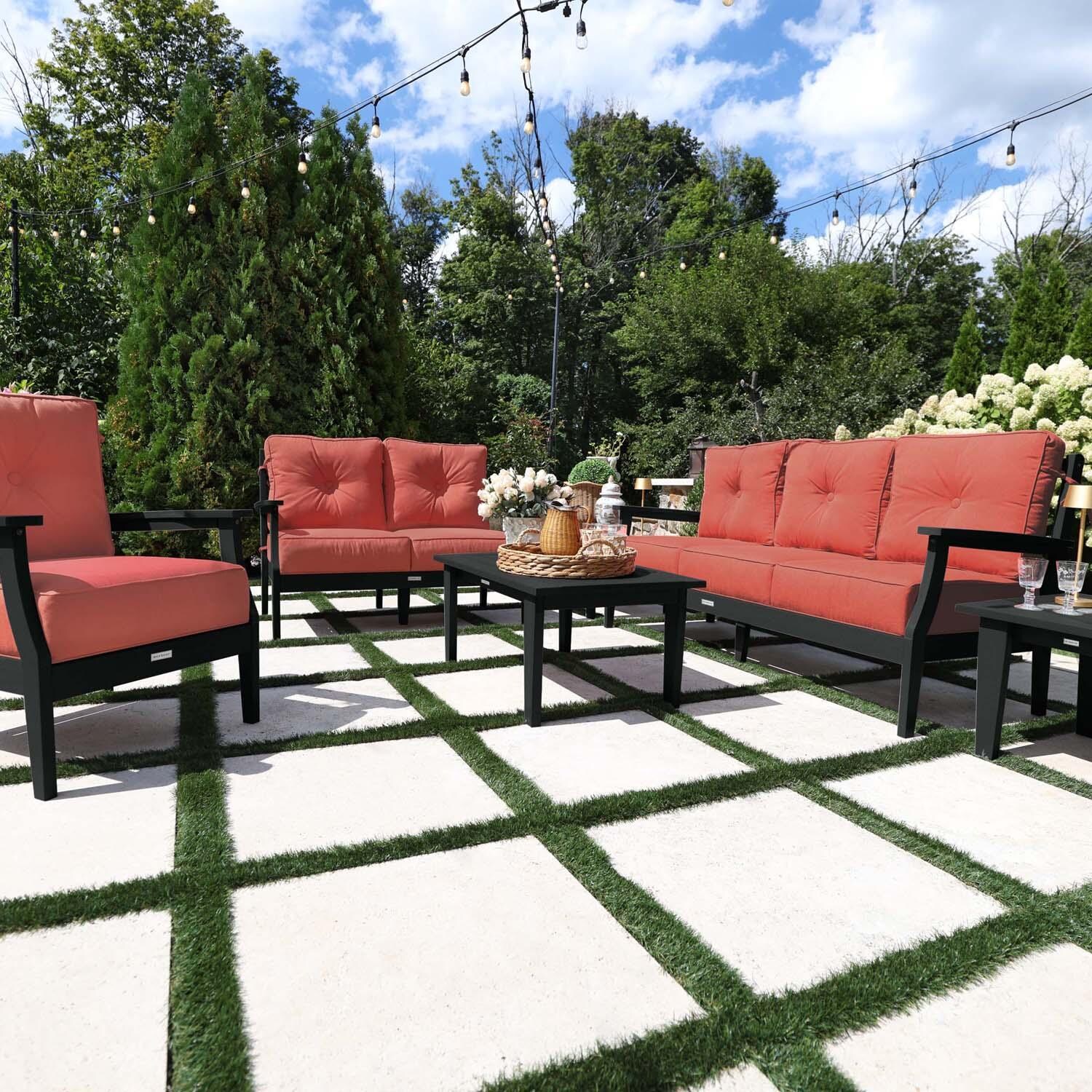 Blushing Bay 6 Pc Recycled Plastic Grand Seating Set in Canvas Persimmon/Black by Lakeview Outdoor Designs - Front View - Lifestyle thumbnail