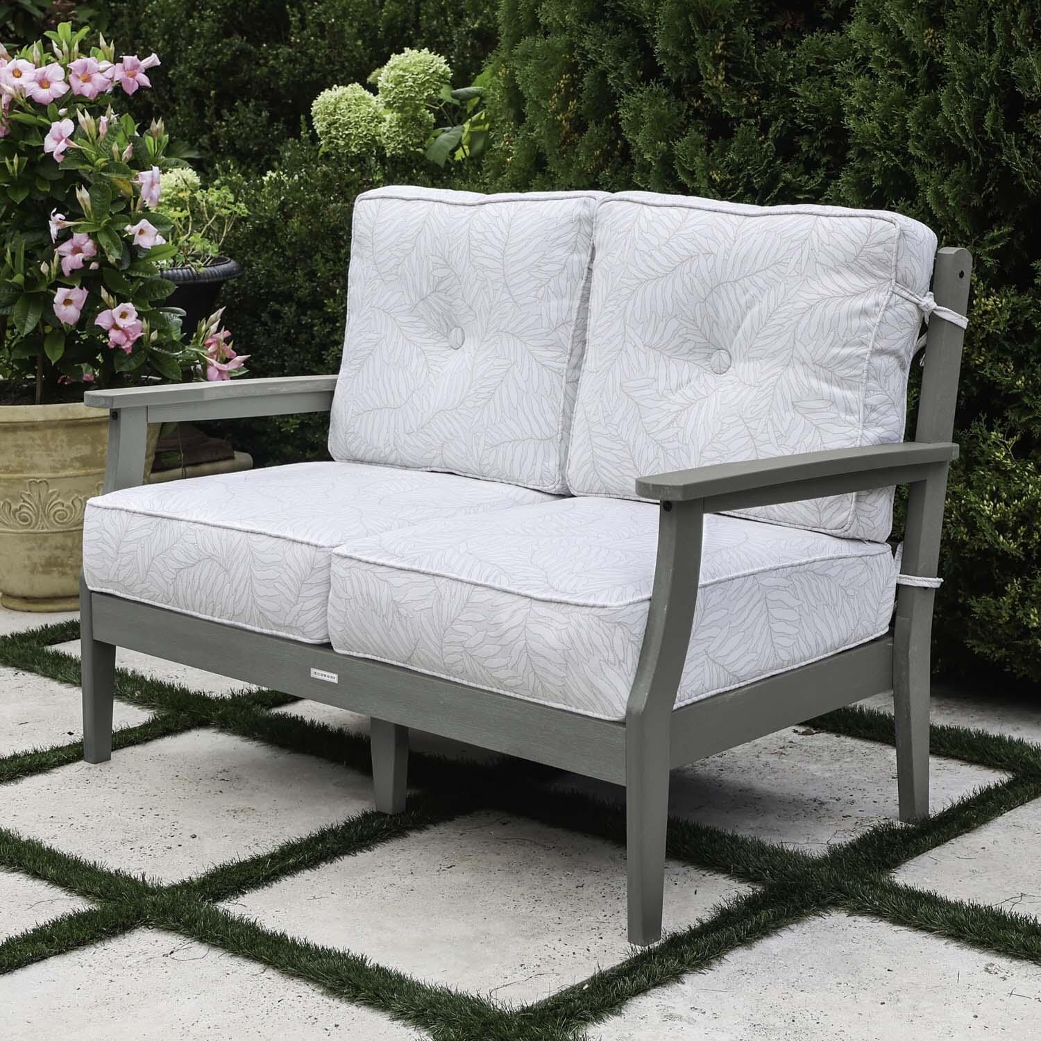 Blushing Bay 2 Person Recycled Plastic Loveseat in Lively Parchment/Coastal Teak by Lakeview Outdoor Designs - Right Angled - Lifestyle thumbnail