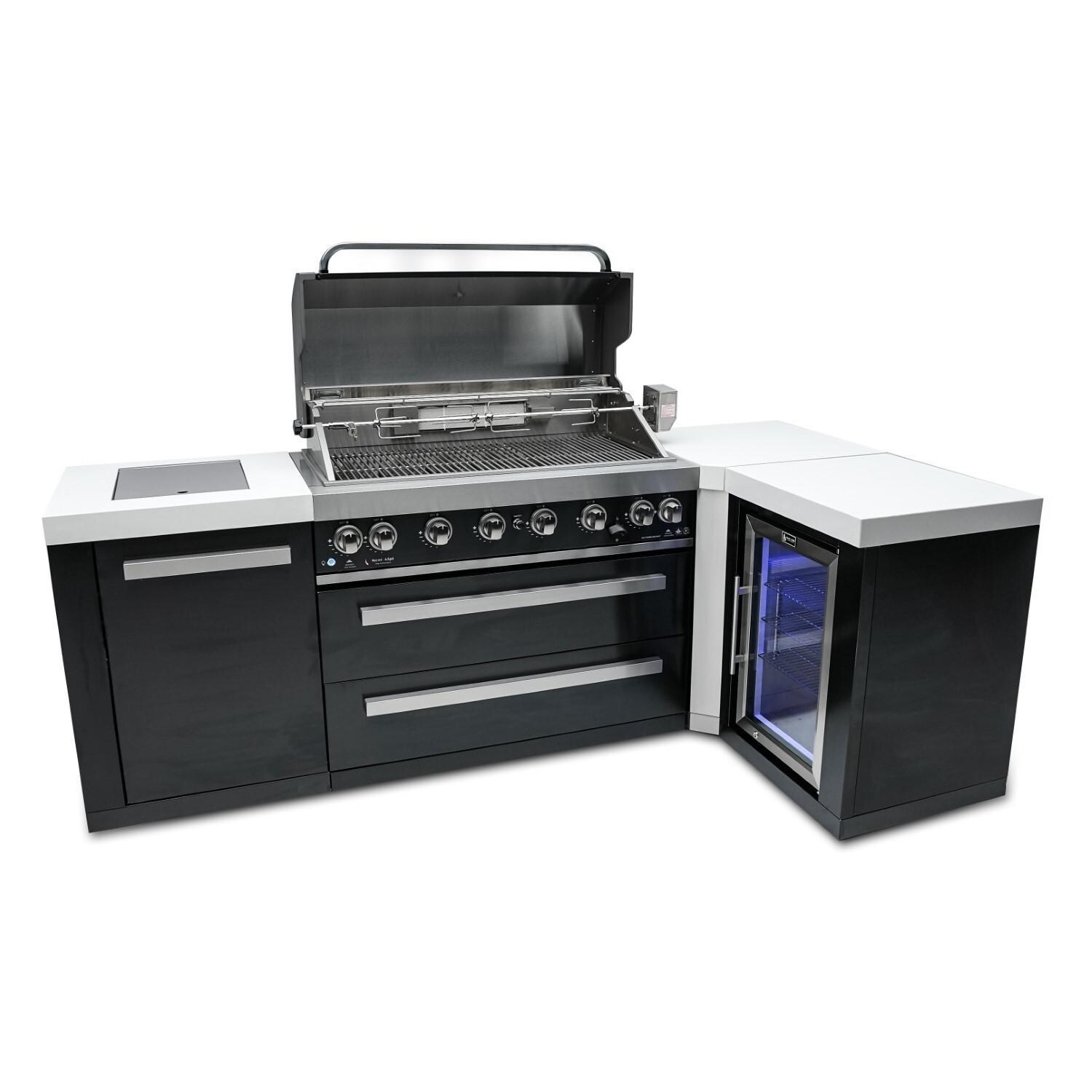 Mont Alpi - MAi805-BSS90FC - Deluxe 90 Degree Propane Gas Island Grill W/ Refrigerator Cabinet, Infrared Side Burner, & Rotisserie Kit - Black Stainless Steel - Open With Burners Off - White Background
