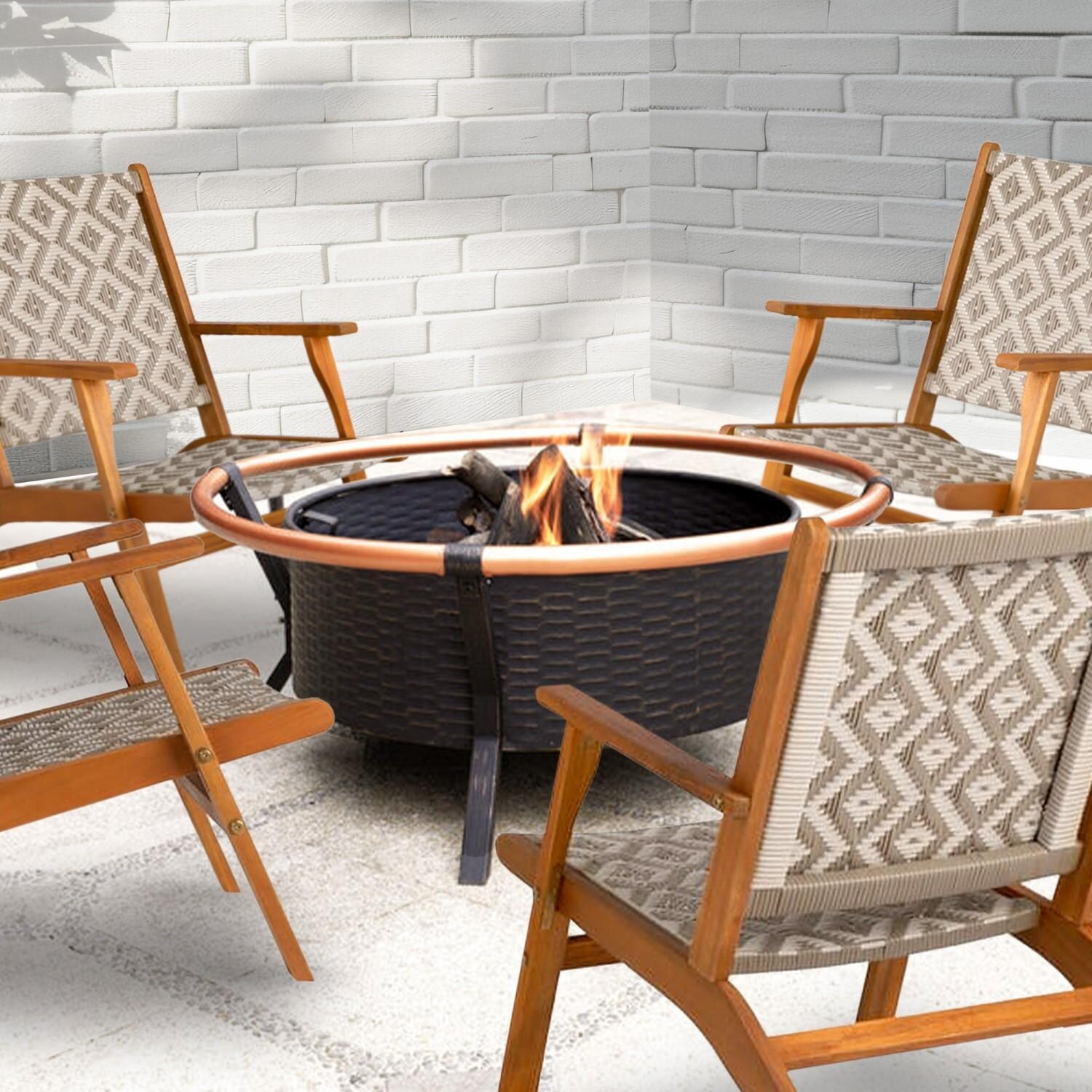 Crewview 5 Pc Wicker Outdoor Seating Set w/ Wood Burning Fire Pit by Ultimate Patio - Close-up - Lifestyle thumbnail