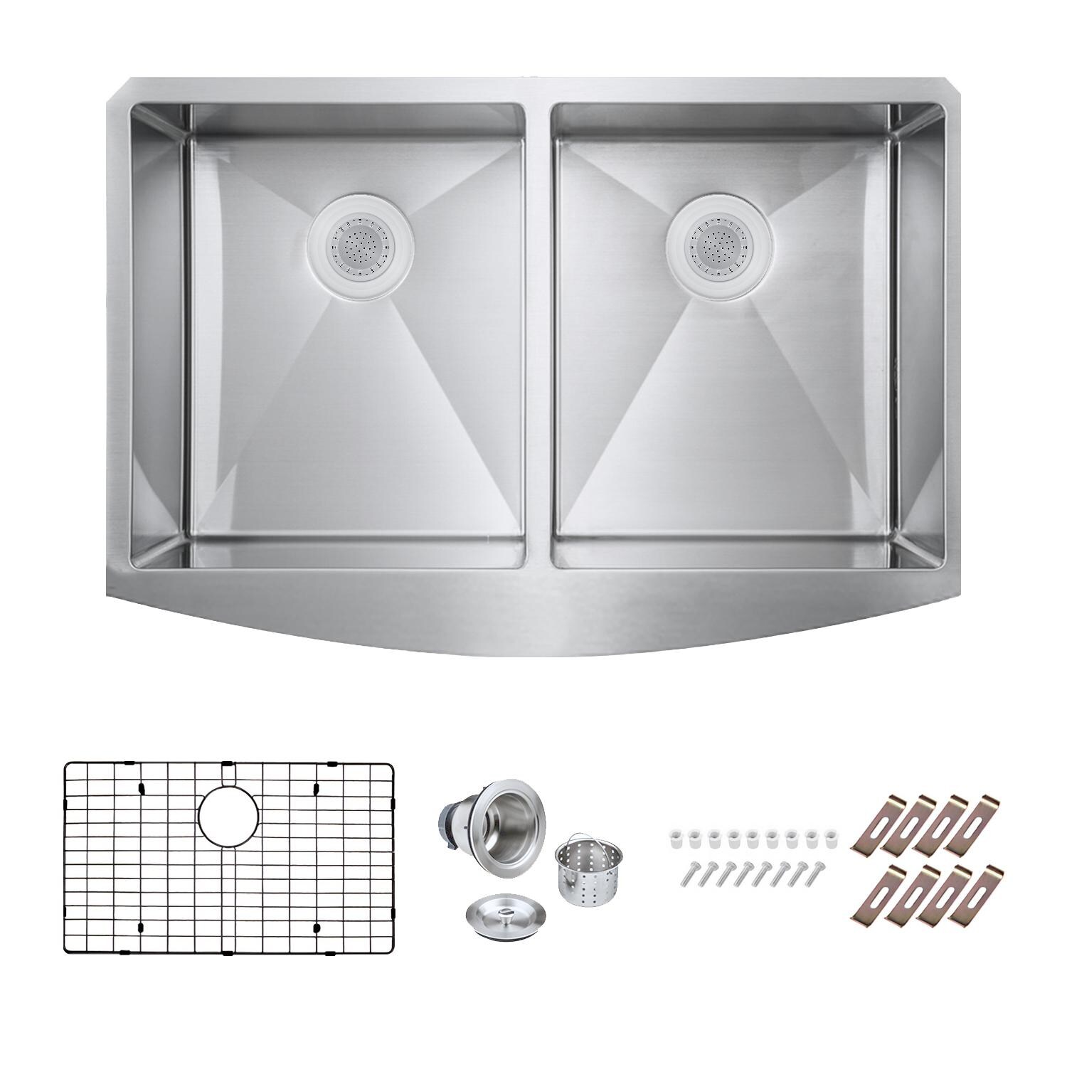 BBQGuys Signature Farmhouse Bowed Apron Double Bowl Stainless Steel 33-Inch Sink W/Grids and Strainers thumbnail