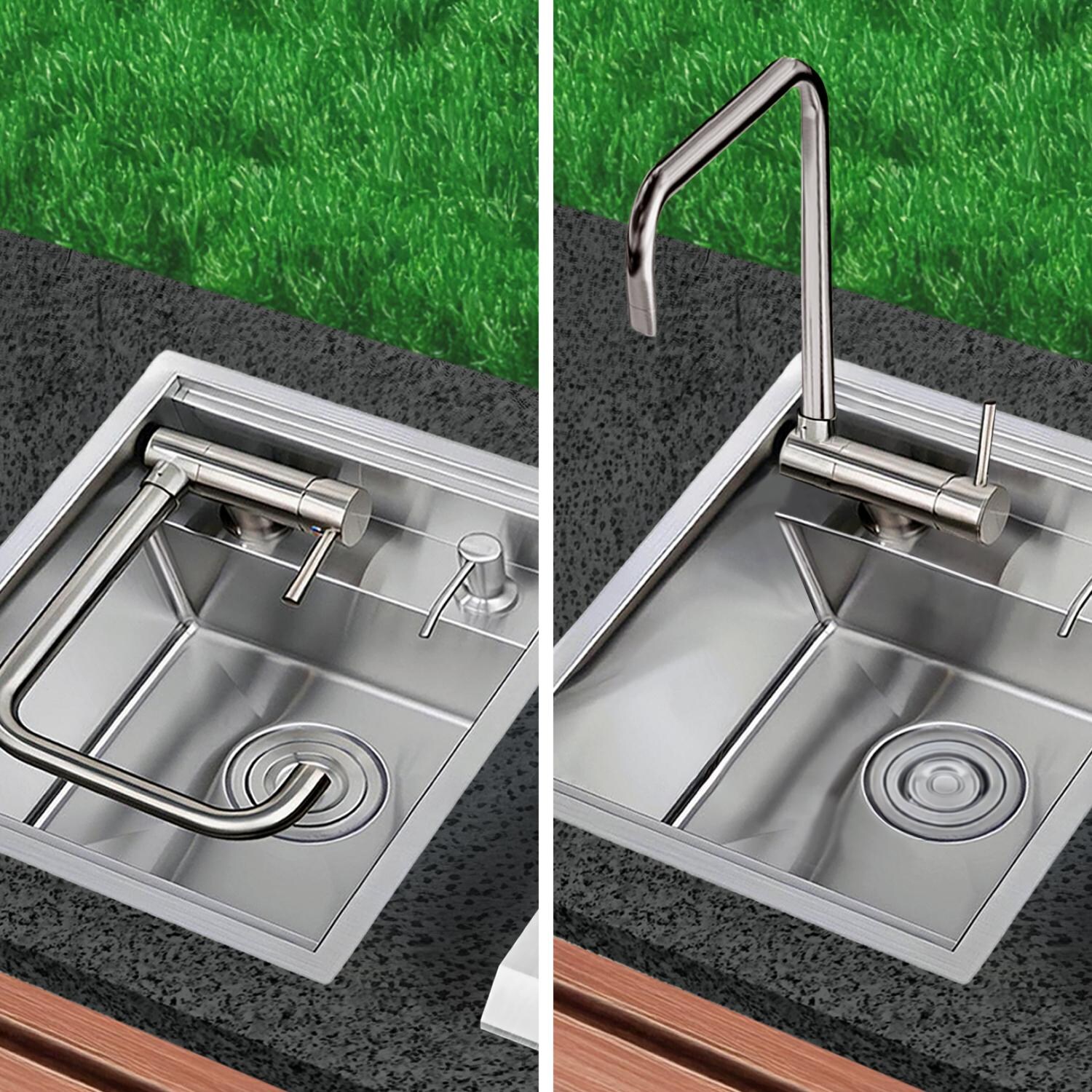 BBQGuys Signature BBQ-18SNK-SS-UM 16 X 18-in Undermount Stainless Steel Outdoor Sink - Faucet Adjustments Shown - Lifestyle thumbnail