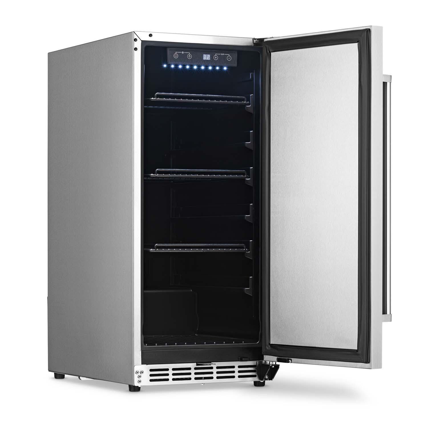 NewAir NCR032SS00 15 Inch 90 Can Right Hinge Commercial Built-in Outdoor Beverage Cooler - Stainless Steel - Empty w/ Door Open - White Background thumbnail